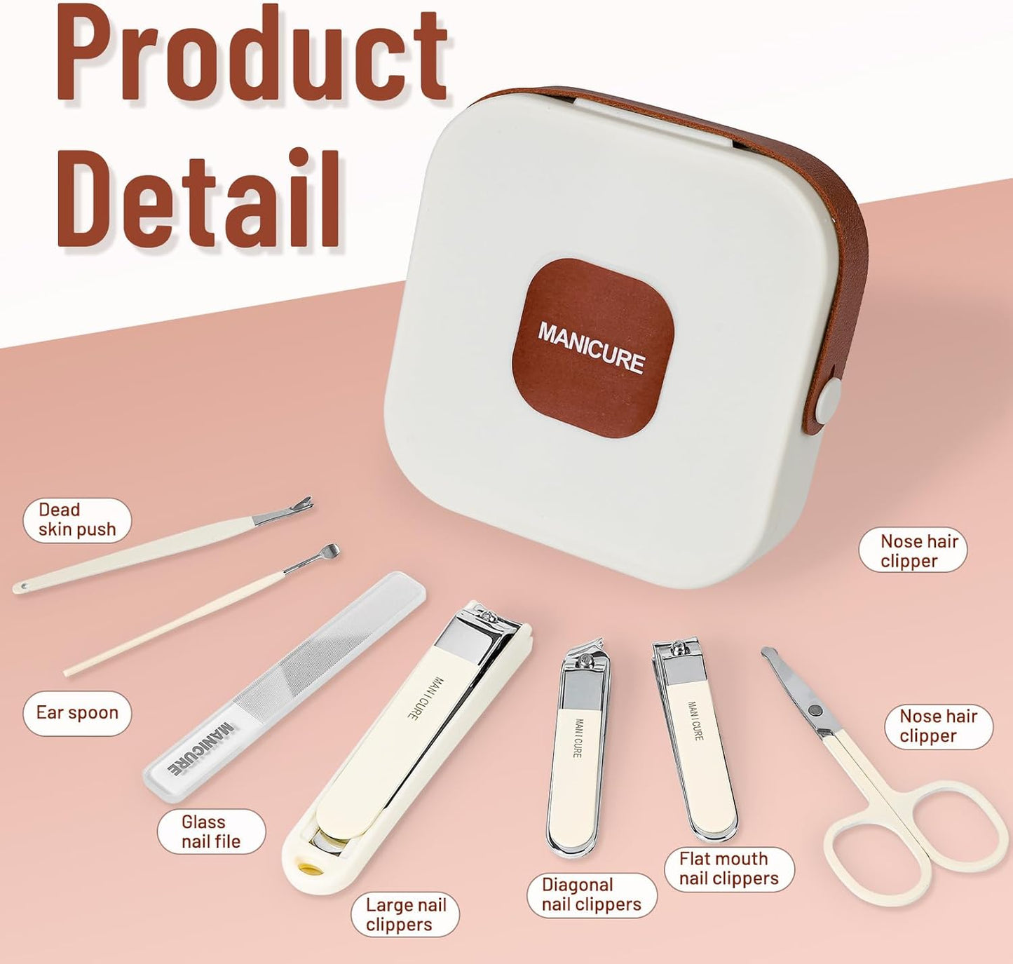 Nail Clippers and Beauty Tool Portable Set, Cuticle Nail Care Tools, 7pcs Stainless Steel Grooming Kit, Suitable for Home, Workplace, Outdoor Travel, Gift Giving, Salon., Beige+Brown