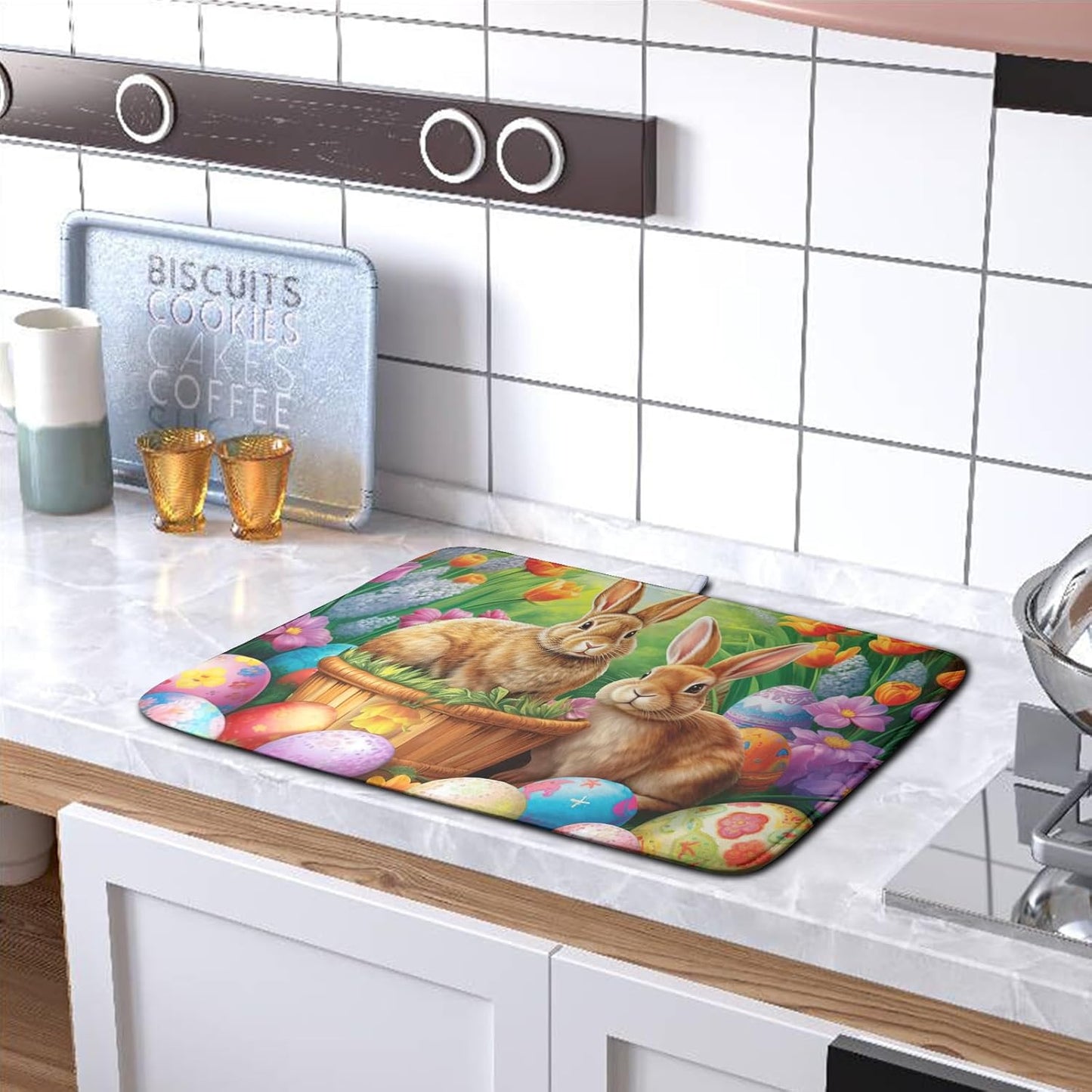 Easter Bunny Eggs Dish Drying Mat for Kitchen Counter, Tulip Floral Flower Drying Mat Spring Summer Holiday Dish Mat Drying Kitchen Mat Absorbent Kitchen Drying Mat for Sink 18x24Inch