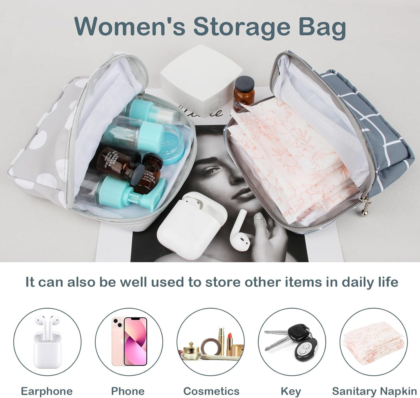 Desing Wish Period Bag, Sanitary Napkin Storage Bag for Feminine Pads Panty Liners Tampons and Reusable Pads, Sanitary Pads Pouches First Period Kit for Teen Girls Women Ladies 2 Pack (Dots/Grids)