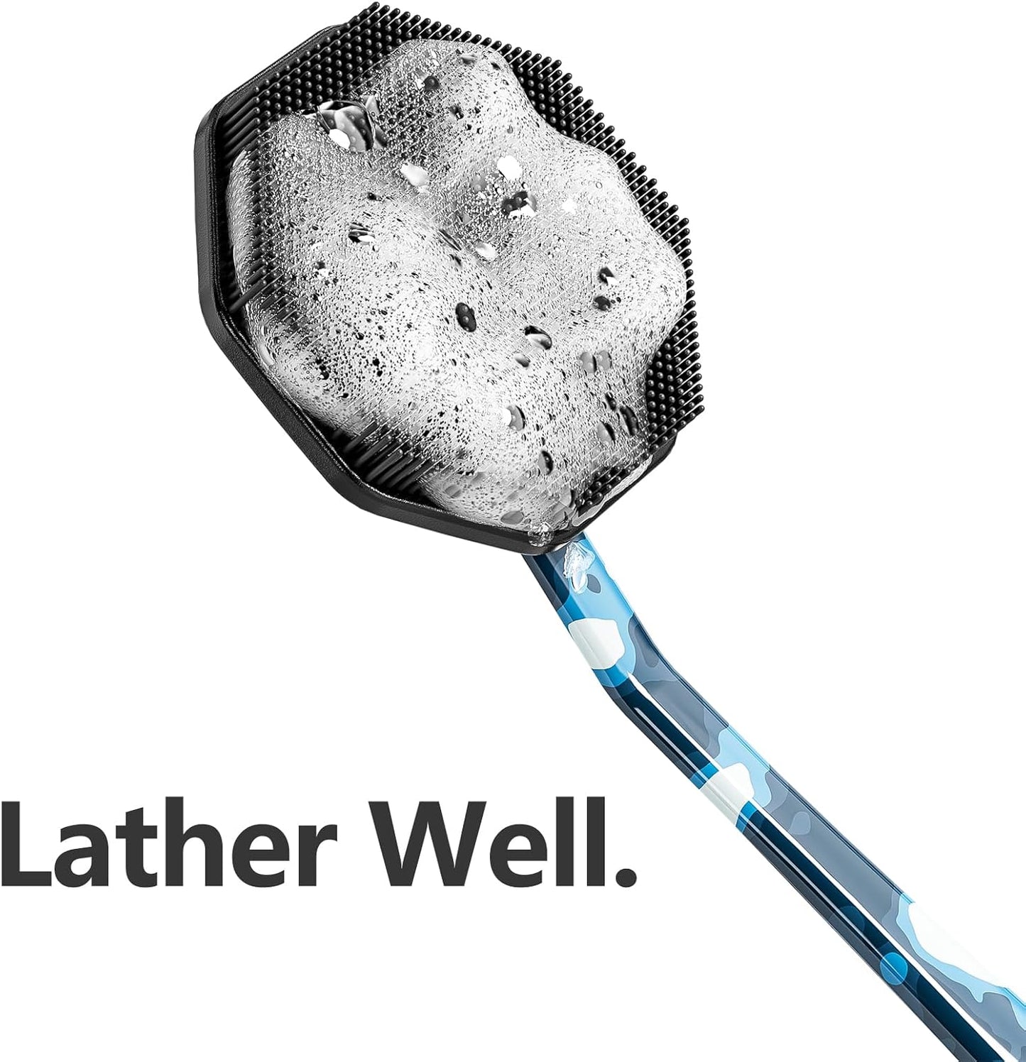 iTokGoK® Platinum Camo Blue Pattern Silicone Back Scrubber with Long Handle Back Brush for Shower,Silver-Infused Back Scrubber for Men and Women (Camo Blue)