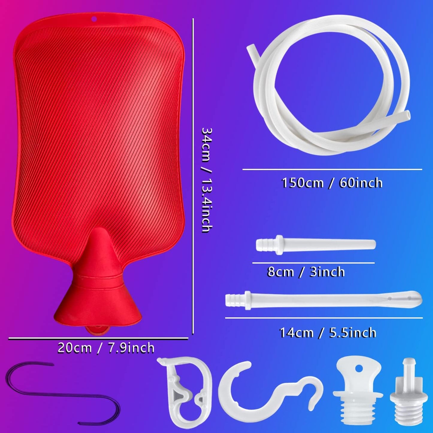 2L Home Enema Bag Kit with 2 Tips, 60 Inch Silicone Hose, Controlable Flow Valve, Hot-Water Bottle for Colon Cleansing (Red)