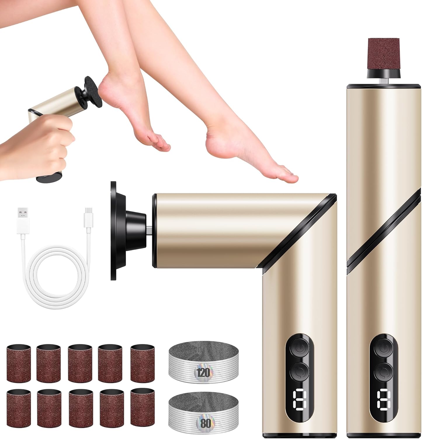 Electric Foot Callus Remover,2 in1 Rechargeable Callus Remover for Feet,9-Speed Cordless Electric Foot File Nail Grinder,Foot Scrubber Pedicure Tools for Dead Skin Dry Cracked Feet(Fold Gold)