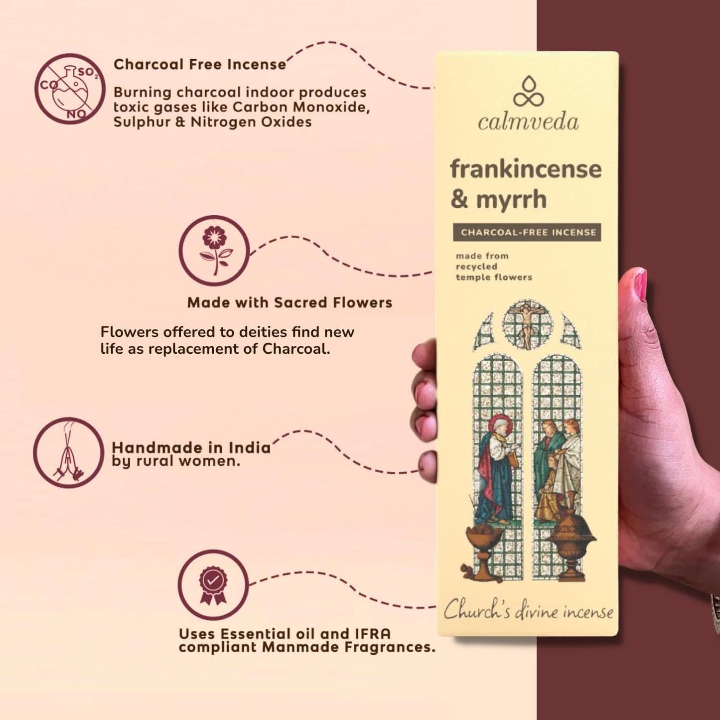 Church Frankincense and Myrrh Incense - (80 Sticks) Charcoal Free Incense, Made from upcycled Flowers | Used as Spiritual Healing Incense in Church (Handmade Olibanum Incense)