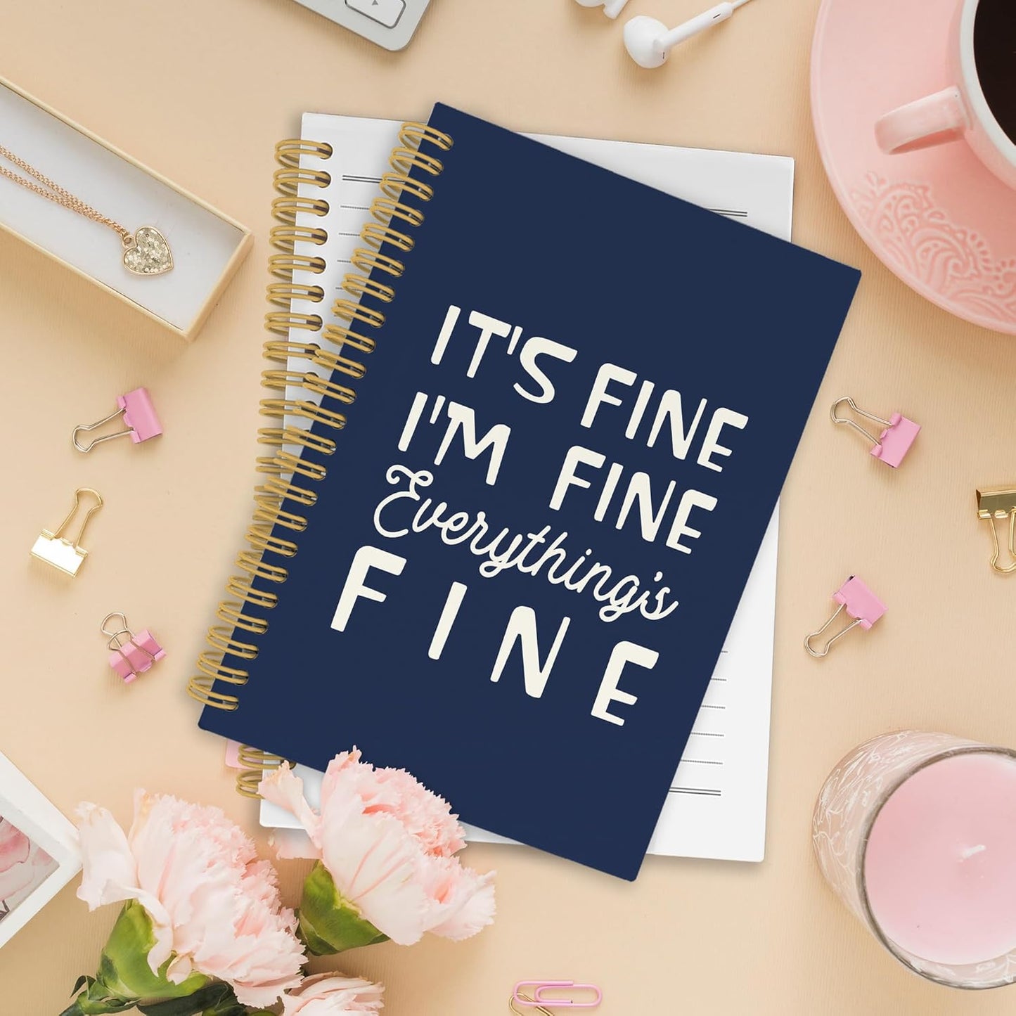 XPH Funny Navy Blue Spiral Notebook, It's Fine I'm Everything Is Fine Journaling Notebooks for Women Men, Humorous Hardcover Journals for Office 160 Pages 5.5 x 8.3 Inch, Sarcastic Gifts for Coworkers