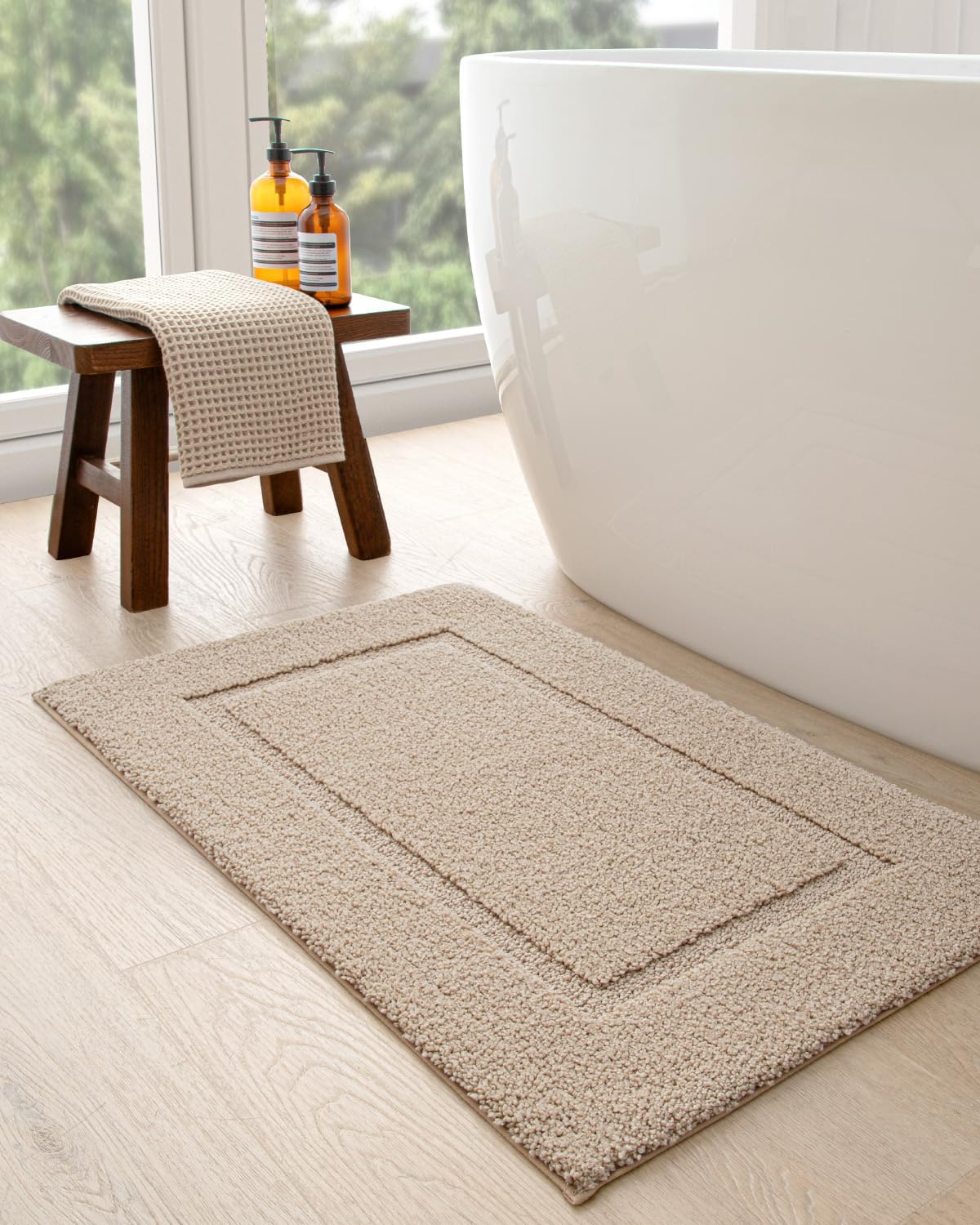 DEXI Bathroom Rugs Set 2 Piece 32x20, Washable Non Slip Bath Mat for Shower Floor, Absorbent Quick Dry Bathmat with Rubber Backing, Ultra Soft Plush Carpet for Tub, Beige
