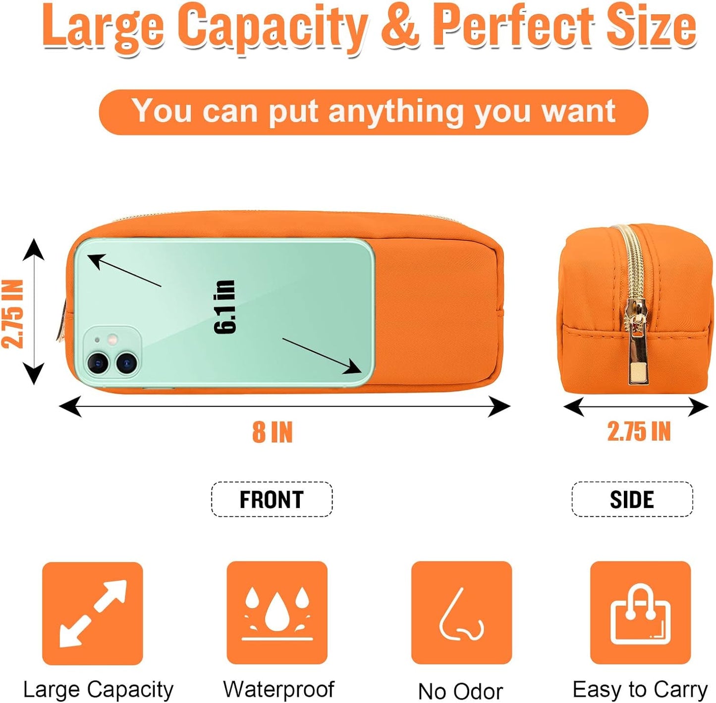 Izuzta Nylon Small Makeup Bag Slim Pouch, Preppy Cute Brush Case, Cosmetic Zipper for Purse, Waterproof Travel Toiletry Clutch Coin Organizer for Women Girls (Orange)