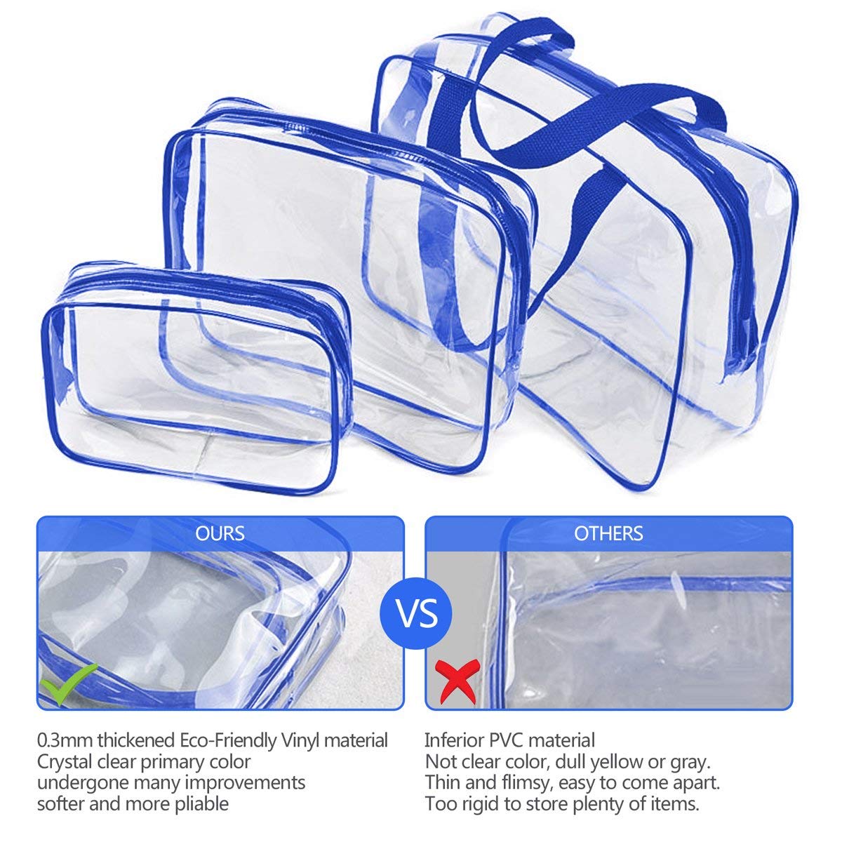 5Pcs Crystal Clear PVC Travel Toiletry Bag Kit for Women Men, Waterproof Vinyl Packing Organizer Storage Bags with Zipper Handle Straps, Cosmetic Pouch Carry on Airport Airline Compliant Bag Handbag