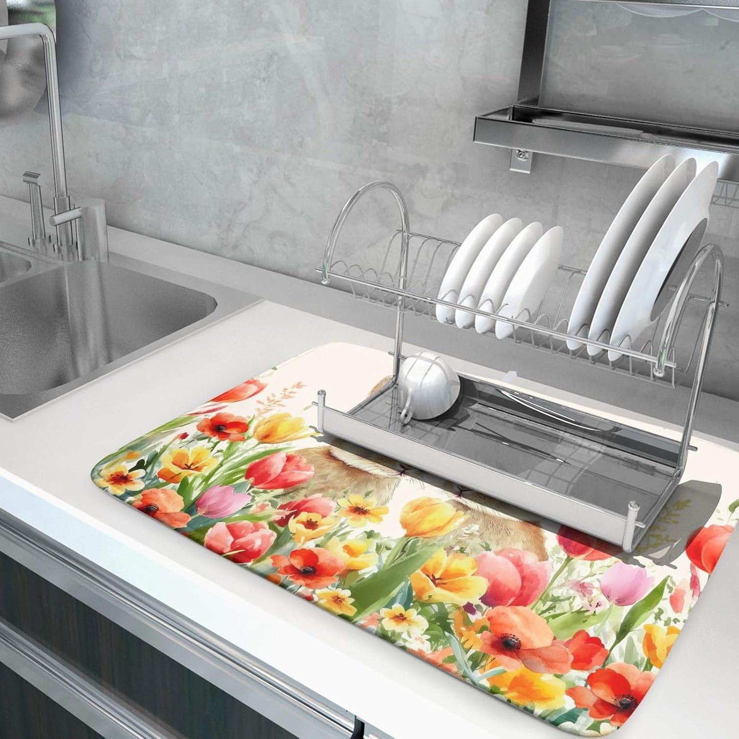 Easter Bunny Dish Drying Mat 18x24 inch Spring Floral Drying Pad Holiday Absorbent Microfiber Dishes Drainer Protector for Kitchen Counter