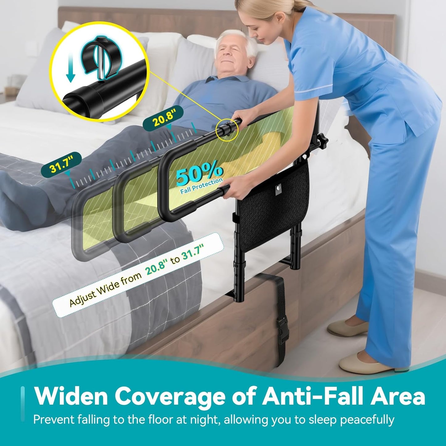 FORTEMOTUS Bed Rails for Elderly Adults Safety with Foldable & Retractable Grab Bar Handrails, ASTM Bedside Rail with Adjustable Height, Storage Pocket & Safety Strap