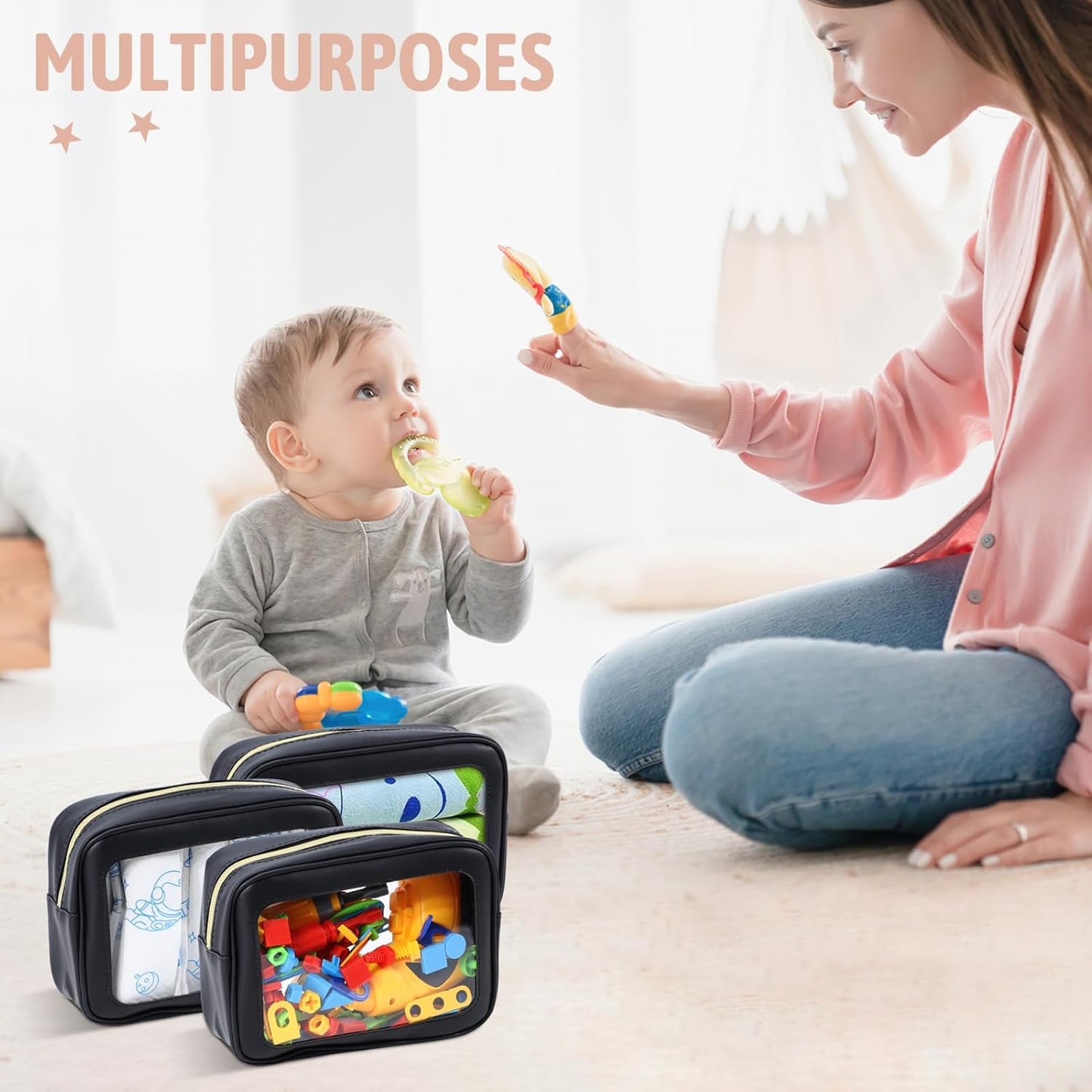 3PCS Diaper Bag Organizer Pouch Set, TSA Approved Toiletry Bag，Clear Waterproof TPU Makeup Bag Set Travel Organizer Bags for Women and Kids