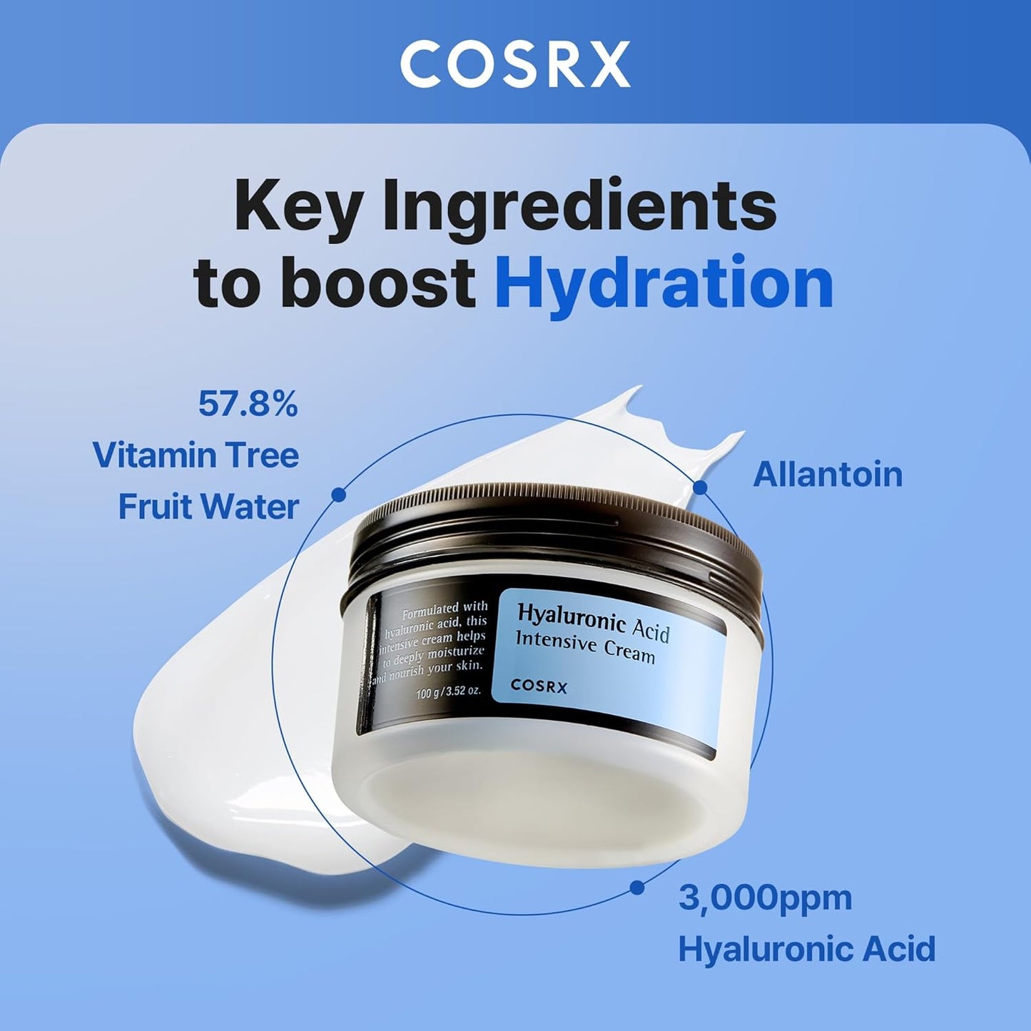 COSRX Hyaluronic Acid Moisturizing Cream, Long-lasting Hydration, Rich Moisturizer for Sensitive Skin 3.52 oz / 100g, Korean Skin Care, Animal Testing Free, Parabens Free