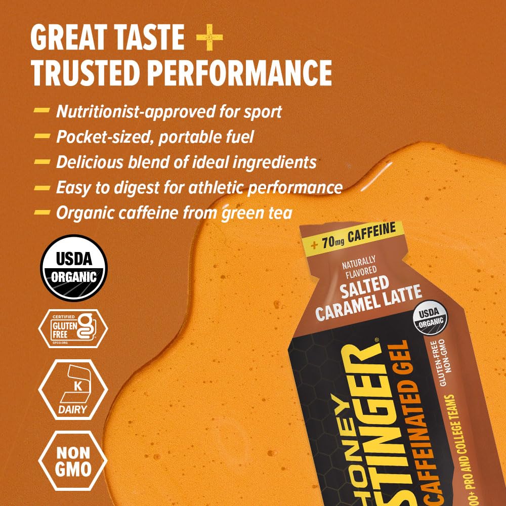 Honey Stinger Organic Salted Caramel Energy Gel, Caffeinated & Gluten Free, for Exercise, Running and Performance, Sports Nutrition for Home & Gym, Pre and Mid Workout, 12 Pack, 13.2 Ounce