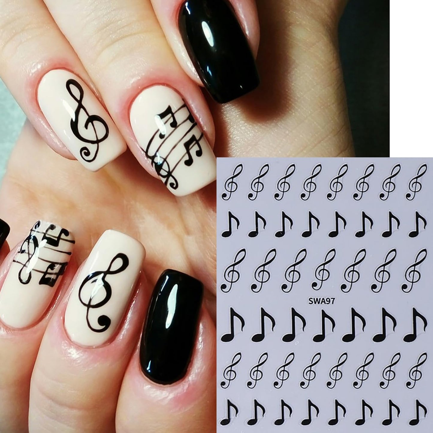 6 Sheets Musical Symbols Nail Art Stickers 3D Self-Adhesive Nails Sticker Music Notation Nails Art Decals Holographic Music Decal Decoration for Women Silver Black Manicure Stickers DIY Nail Supplies