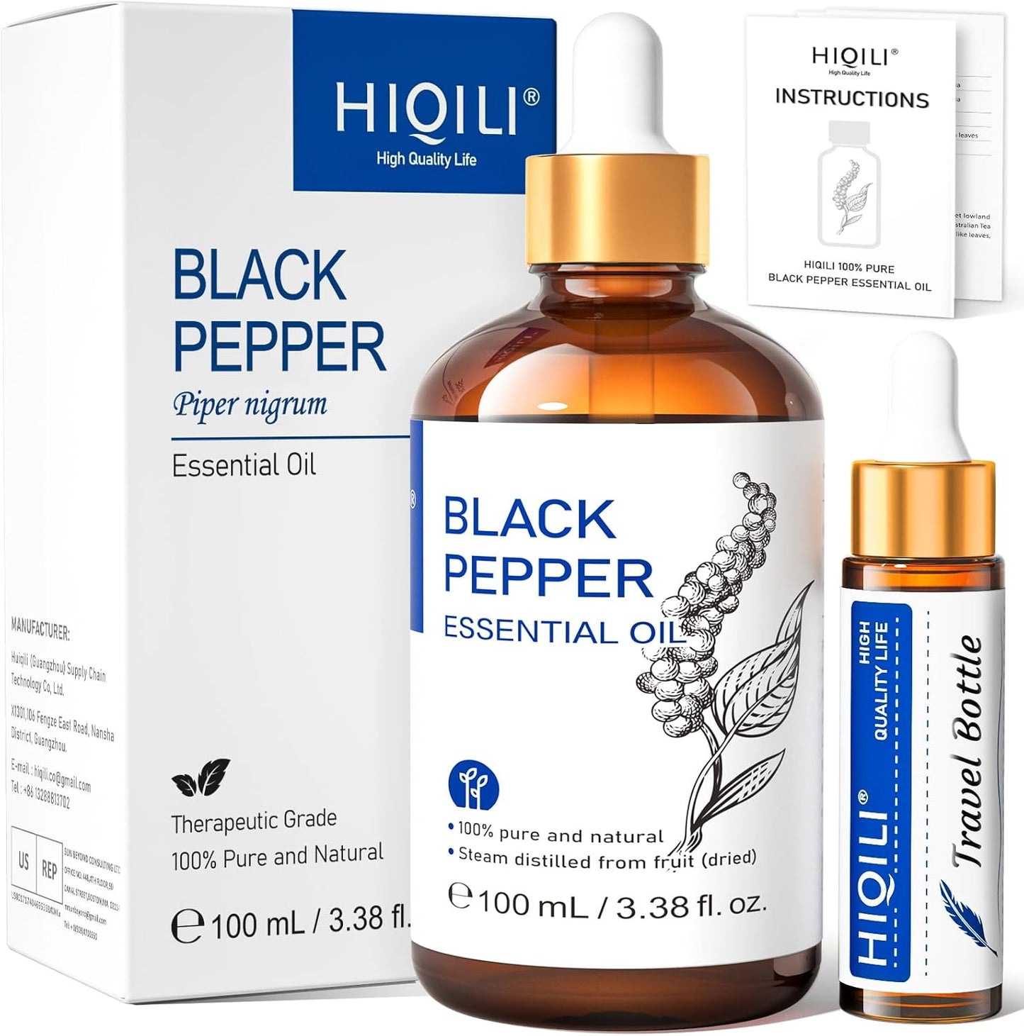 HIQILI Black Pepper Essential Oil for Aromatherapy & Diffuser - Natural Spicy & Warming Scent - Therapeutic Grade - 3.38 Fl Oz