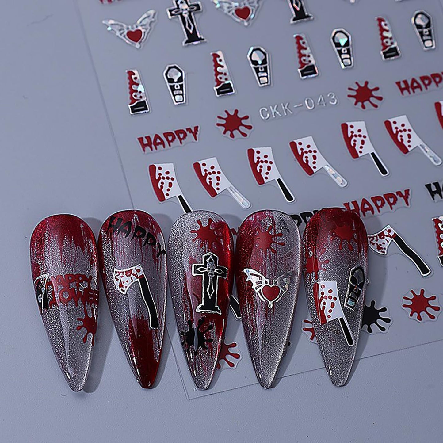 6 Sheets Halloween Nail Art Stickers 3D Self -Adhesive Bloods Hand Skeleton Nail Decals Holographic Blood Knives Nail Stickers Halloween Nail Decoration for Women Manicure Supplies