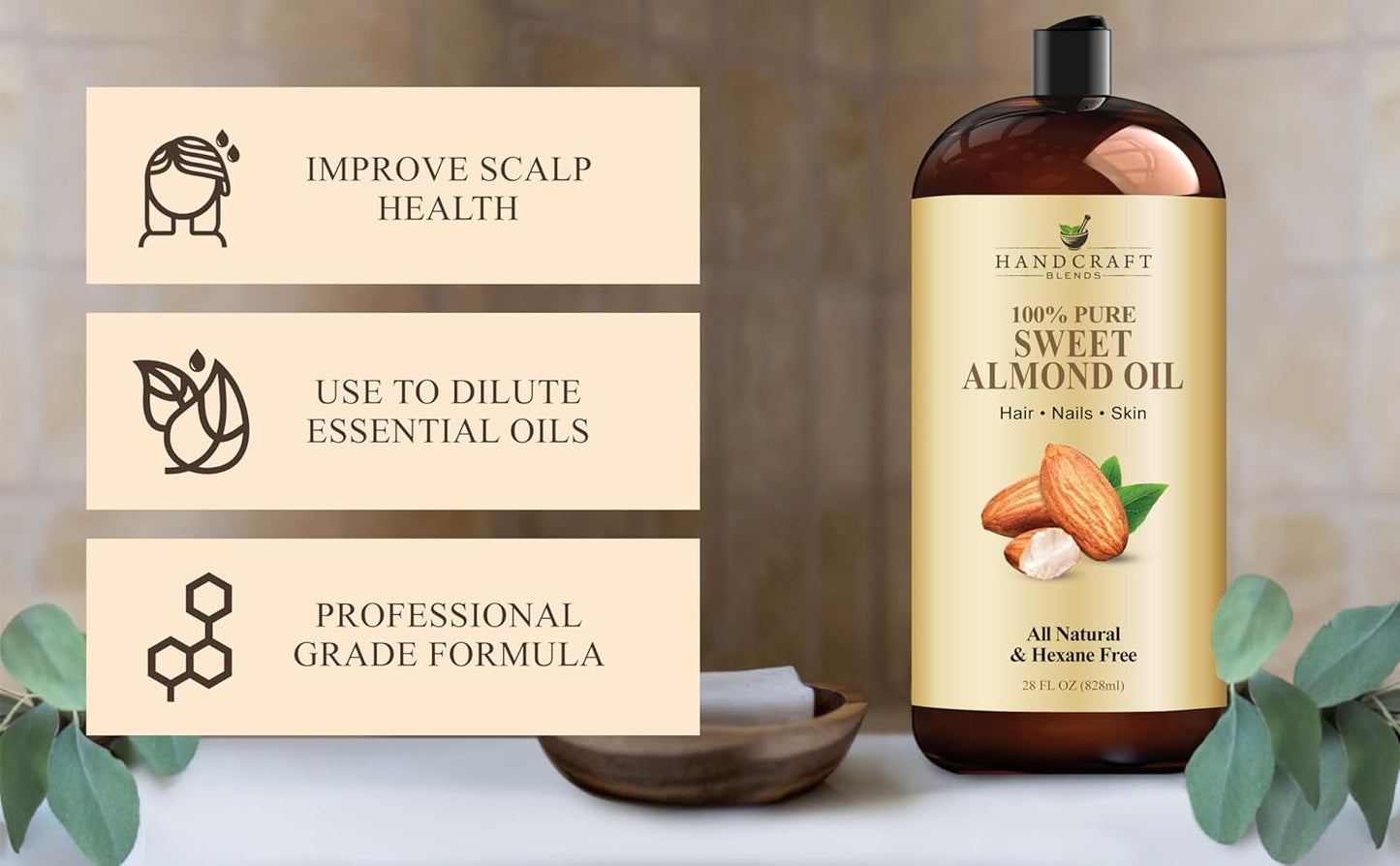 Handcraft Blends Sweet Almond Oil - 28 Fl Oz - 100% Pure and Natural - Premium Grade Carrier Oil for Skin and Hair - Hair and Body - Massage - Hexane-Free
