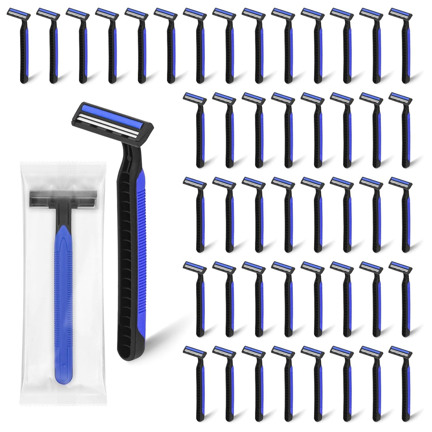 Disposable Twin Blade Razors in Bulk, Individually Wrapped - Clear Safety Cap, For Homeless, Hotel, Airbnb, Travel (pack of 50,blue)