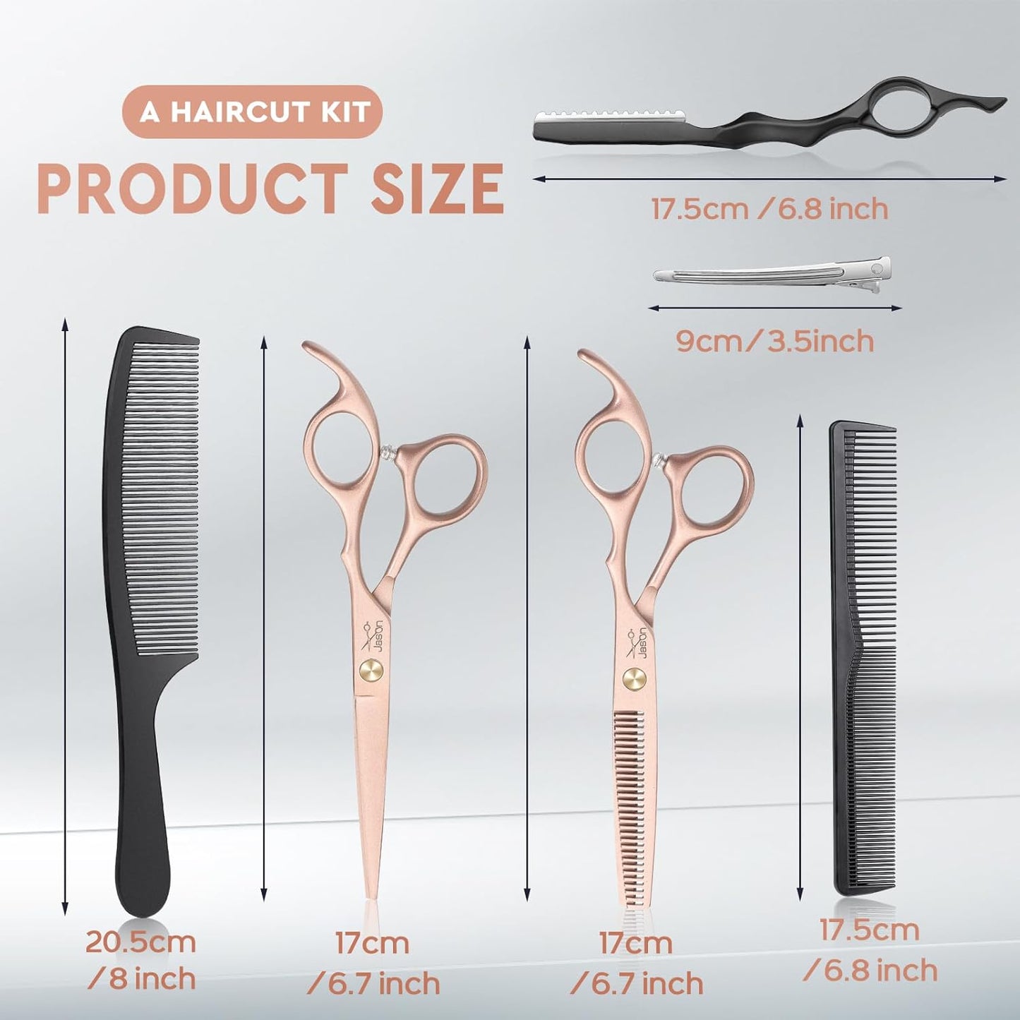 JASON Professional 10-Piece Haircut Scissors Set - 6.7" Thinning/Texturizing Scissors, Straight Shears for Men, Women & Home Salon (30 Teeth, Rosegold)