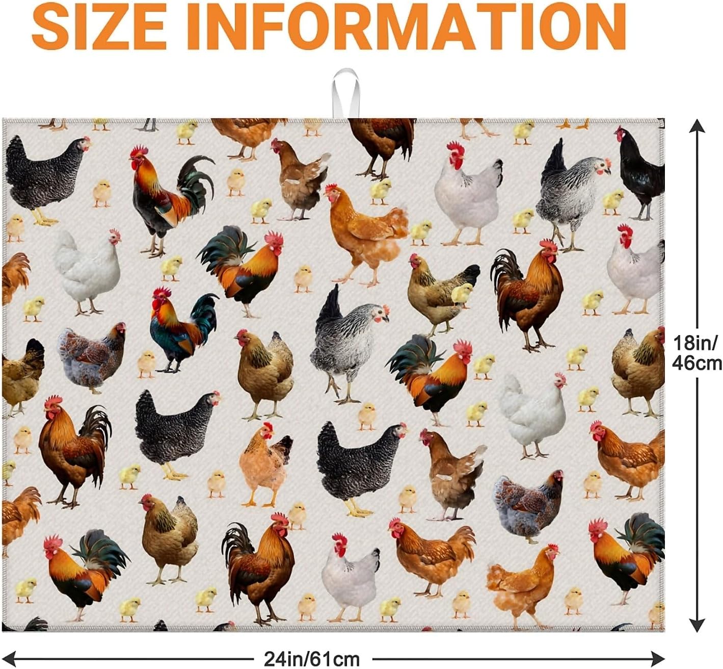 Dish Drying Mat For Kitchen Counter, Hens Roosters And Chickens Microfiber Absorbent Dish Drainer Rack Pad Reusable Large 18x24in Drying Mat