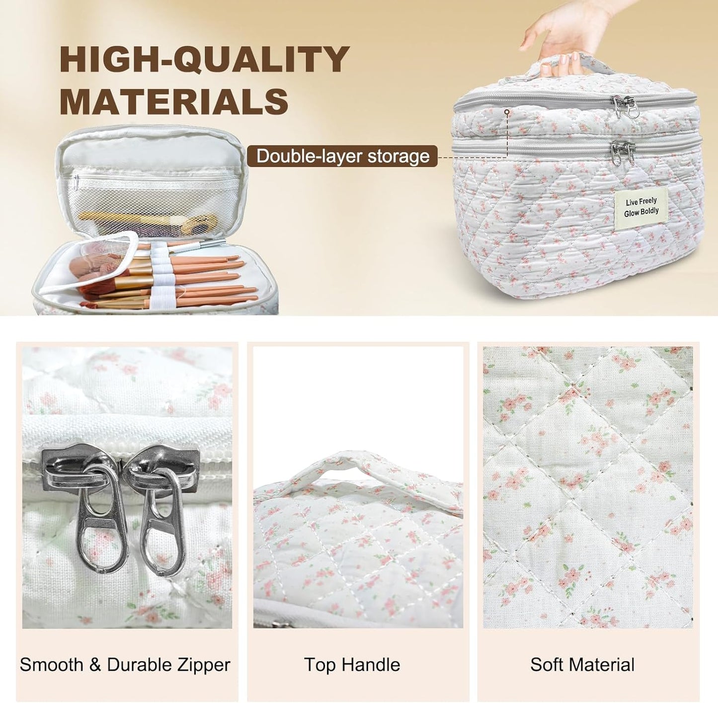 3Pcs Large Travel Quilted Makeup Bag, Double Layer Cute Floral Cotton Toiletry Bag, Aesthetic Flower Cosmetic Bag Coquette Skincare Organizer Bag for Wome (74-PinkFloral)