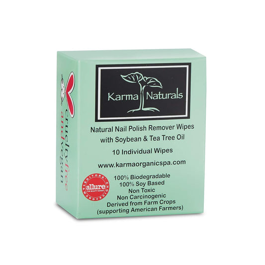 Karma Organic Natural Nail Polish Remover Wipes with Soybean and Tea Tree Oil, 100% Soy Based, Non-Toxic, Vegan, Cruelty-Free – Pack of 10