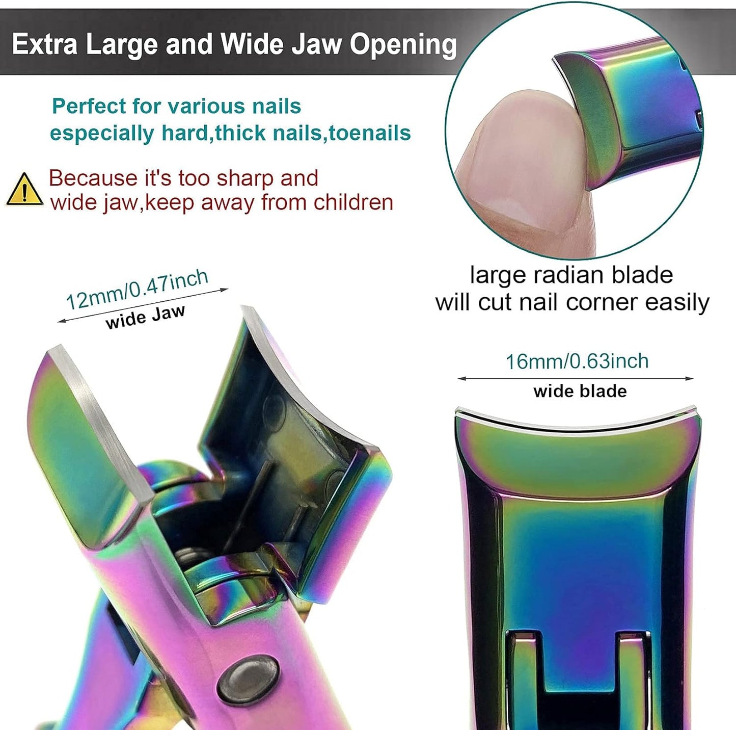 Nail Clippers for Thick Toenails and Fingernail, Large Wide Jaw Opening Heavy Duty No Splash Toenail Clippers with Catcher for Men Women Adults Seniors (Rainbow)