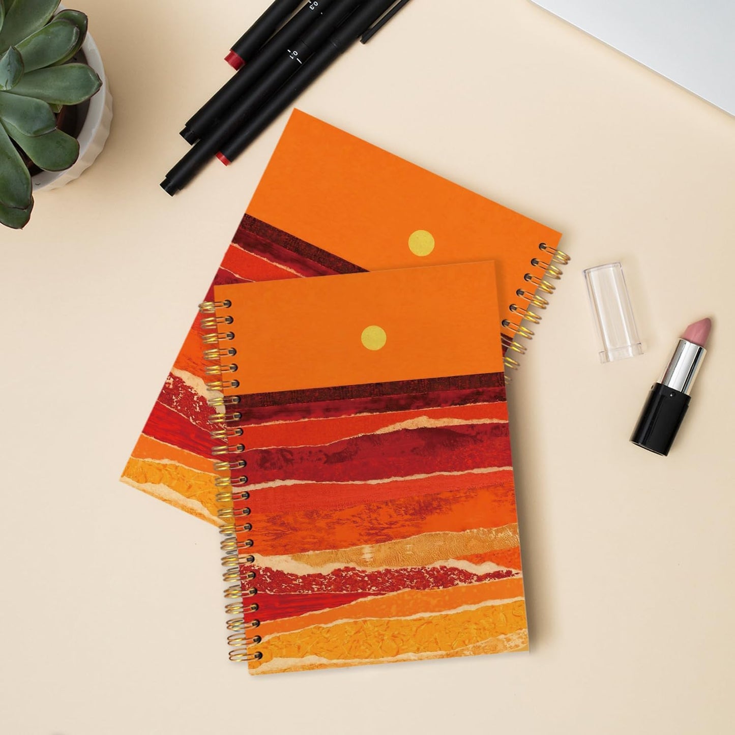 Boho Abstract Gold Beach Spiral Journal Notebook 5.5x8.3in, Abstract Sunset Ocean Beach Landscapes Notebooks for Note Taking, Gifts for Beach Lovers Hardcover Notebook Journal