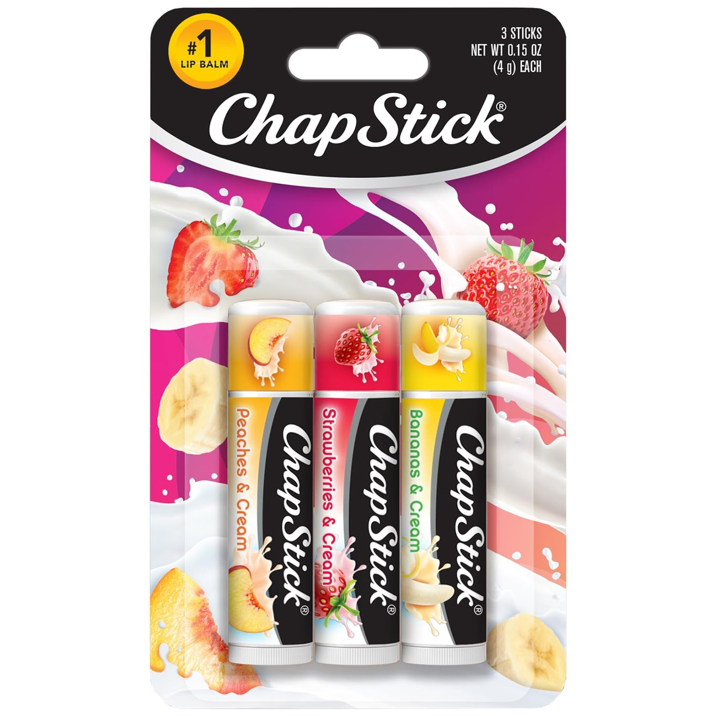 ChapStick Lip Balm Fruit & Cream 3-Pack Collection – Peach, Strawberry & Banana Flavors, 0.15 Oz Ea