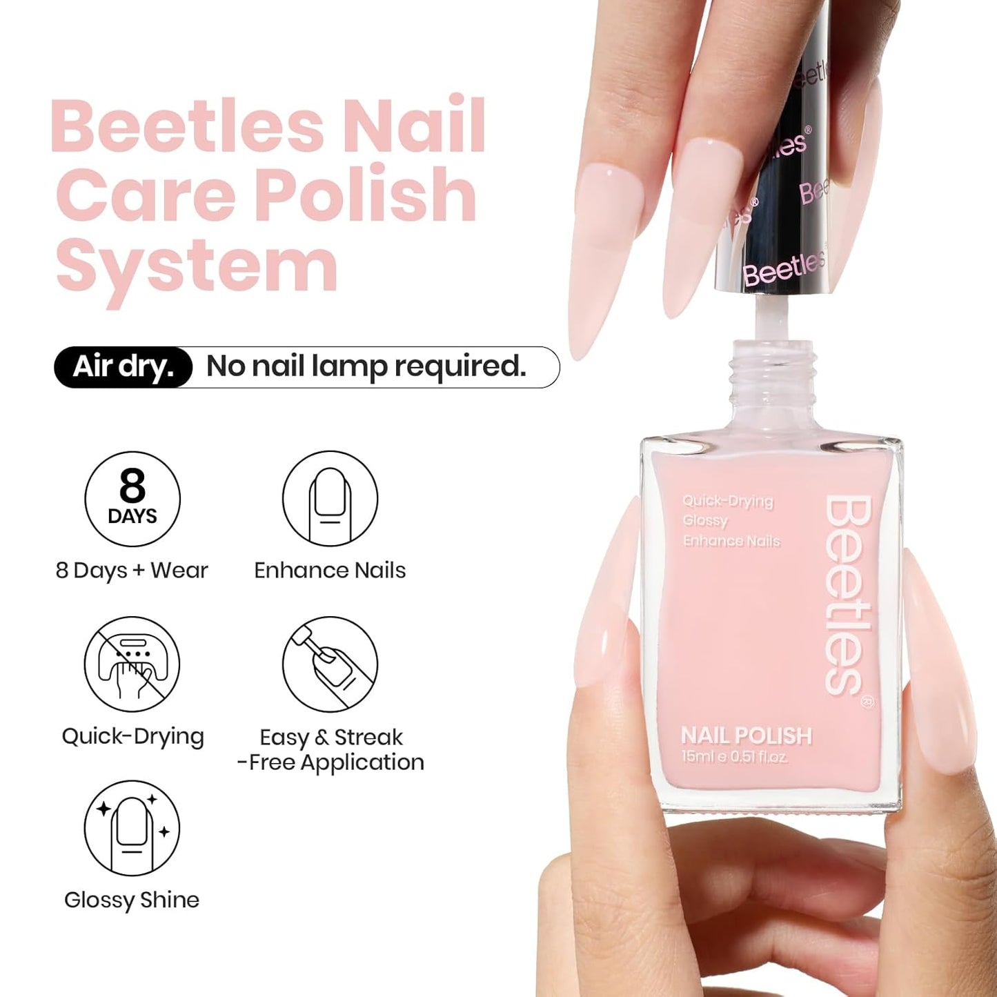 Beetles Nail Polish - Light Pink Natural Nail Polish Natural Nail Concealer Fast Dry Quick Nail Strengthener and Growth Treatment for Thin and Damaged Nails,0.51 FL OZ