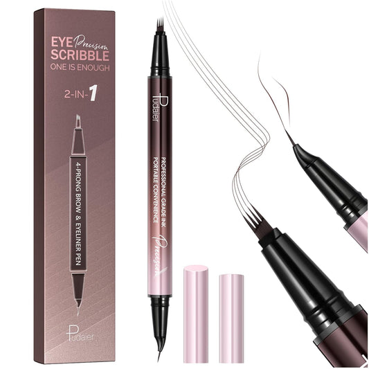 Eyebrow Pen, Waterproof Microblading Eyebrow Pencil, 2-in-1 Dual-Ended 4 Tip Eye Brow Makeup Pen for Women with Precise Curved Brush-Tip Create Natural Hair-Like Brows, Last All-Day (Cool Brown)