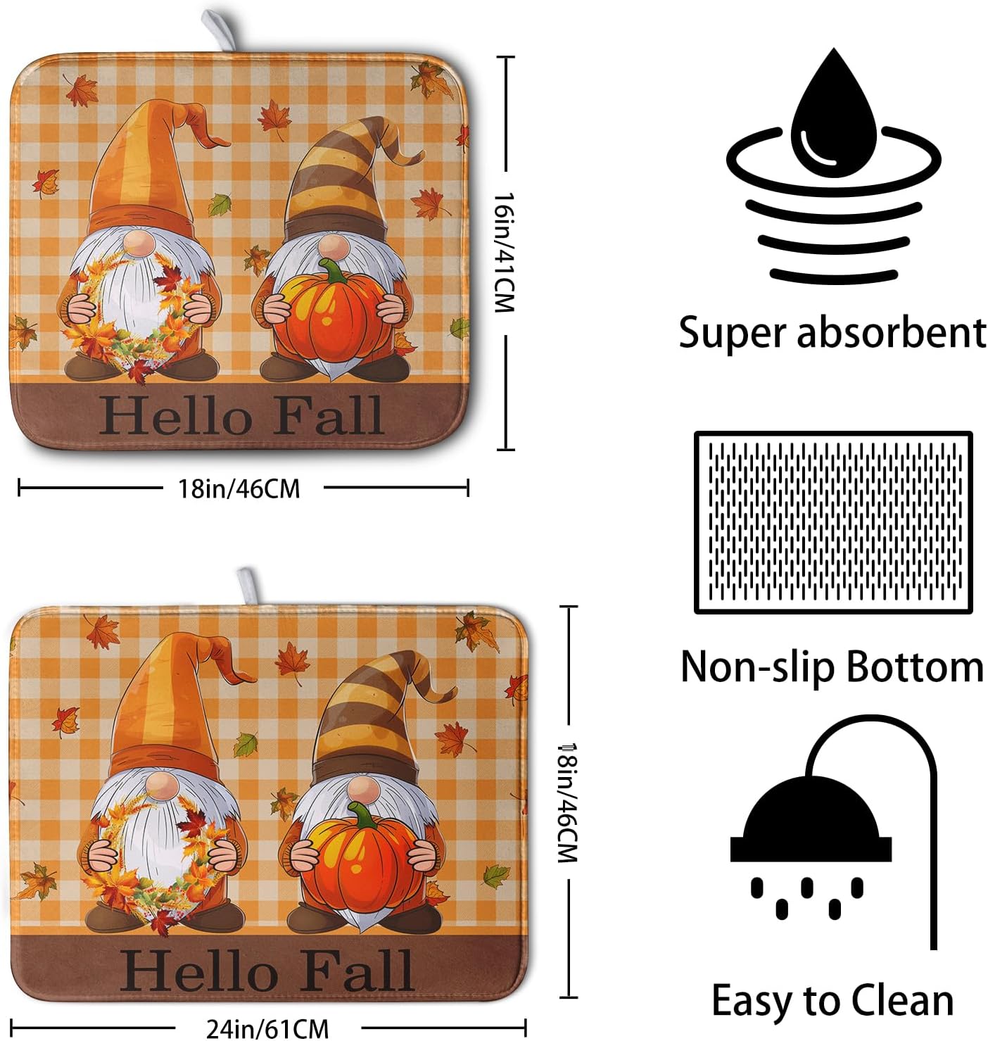 Hello Fall Autumn Gnomes Dish Drying Mat 18x24 Thanksgiving Pumpkin Maple Leaves Harvest Kitchen Drying Mat Orange White Buffalo Plaid Dish Drainer Mat Ultra Absorbent Dish Rack Pad for Coffee Bar