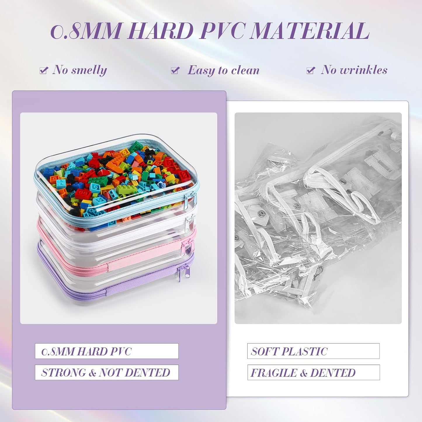 Hoolerry 4 Pcs Hard Clear Zipper Case Makeup Bags Plastic Pencil Pouch Transparent Storage Box Containers for Cosmetics, Snacks, Building Blocks, Puzzles(Multicolor,9.8 x 7.9 x 2 in)