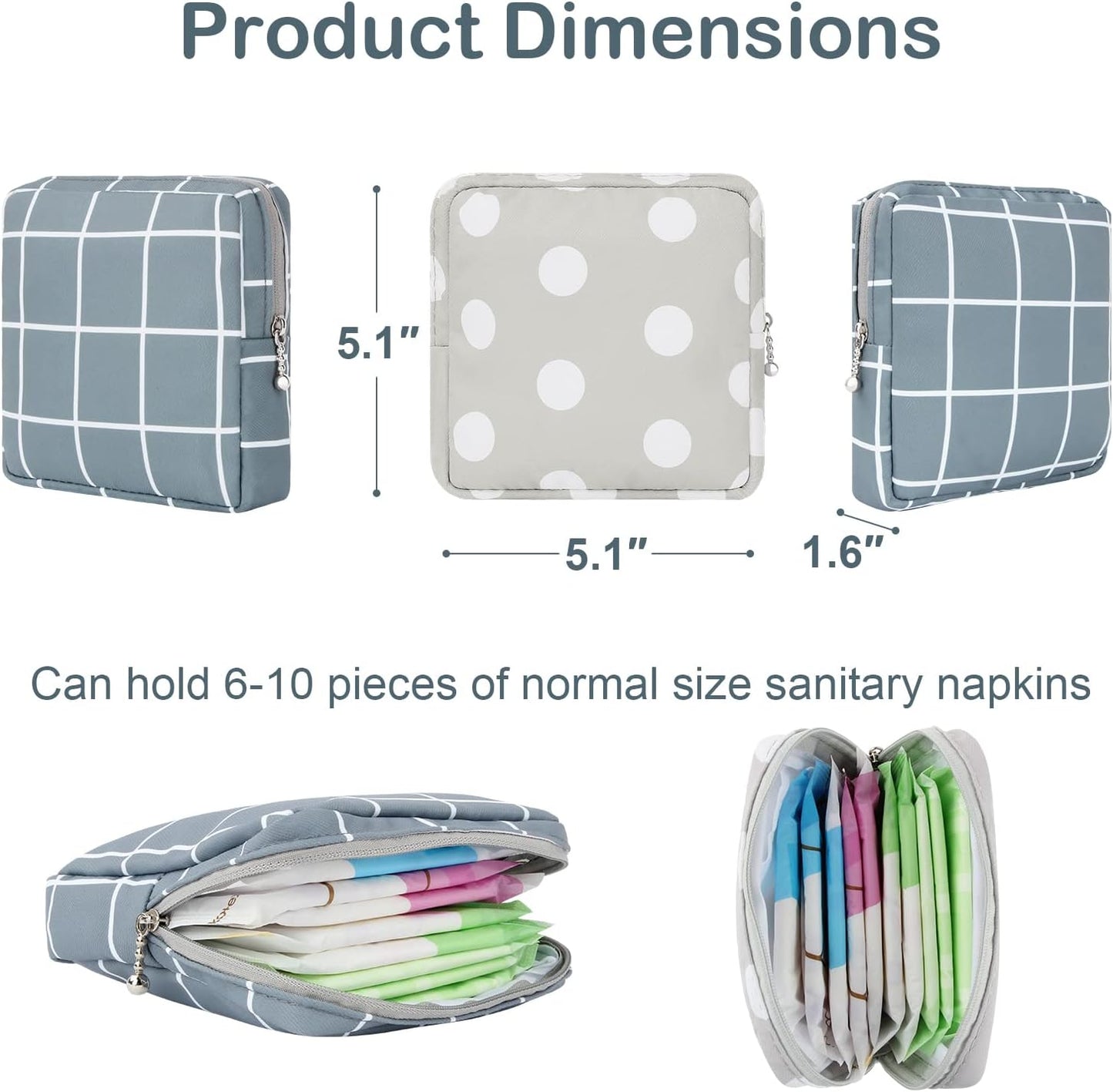 Desing Wish Period Bag, Sanitary Napkin Storage Bag for Feminine Pads Panty Liners Tampons and Reusable Pads, Sanitary Pads Pouches First Period Kit for Teen Girls Women Ladies 2 Pack (Dots/Grids)