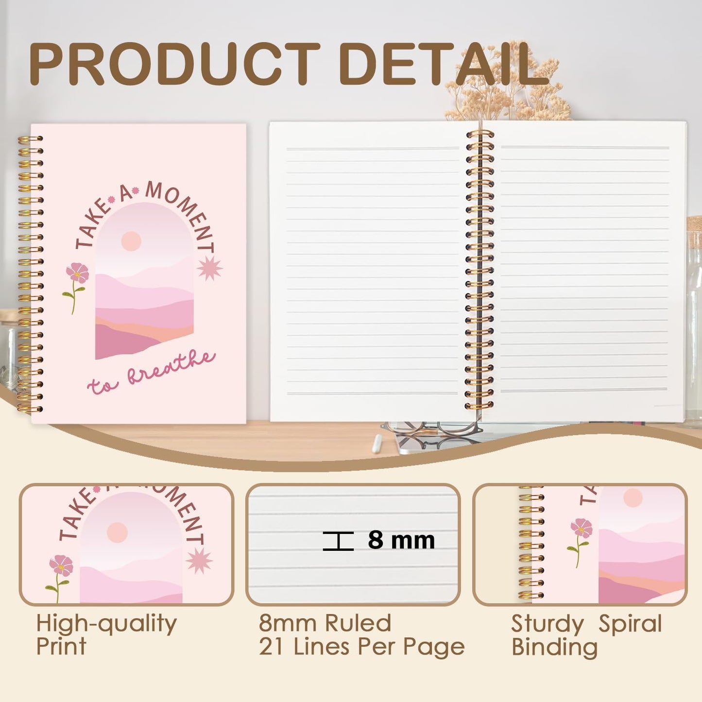 FDHSPAAM Pink Mental Health Spiral Journal Notebook 5.5x8.3in,Take A Moment to Breathe Inspirational Notebooks for Note Taking, Therapy Office Must Haves, Hardcover Notebook Journal