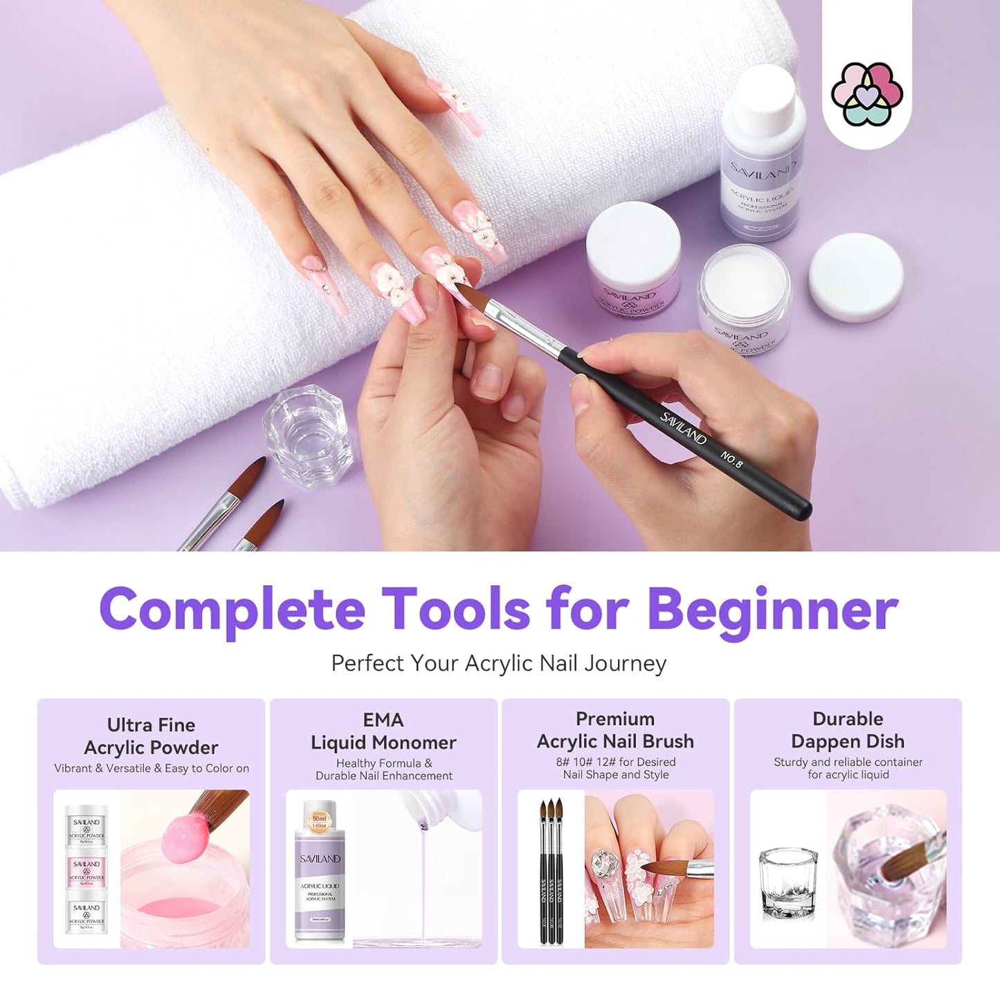 SAVILAND Essentials Acrylic Nail Kit for Beginners with Everything: Professional Nail Kit Acrylic Set with Acrylic Powder Liquid Nail Brush Gel Nail Polish Gel X Lamp Home Nail Salons Kit Manicure DIY
