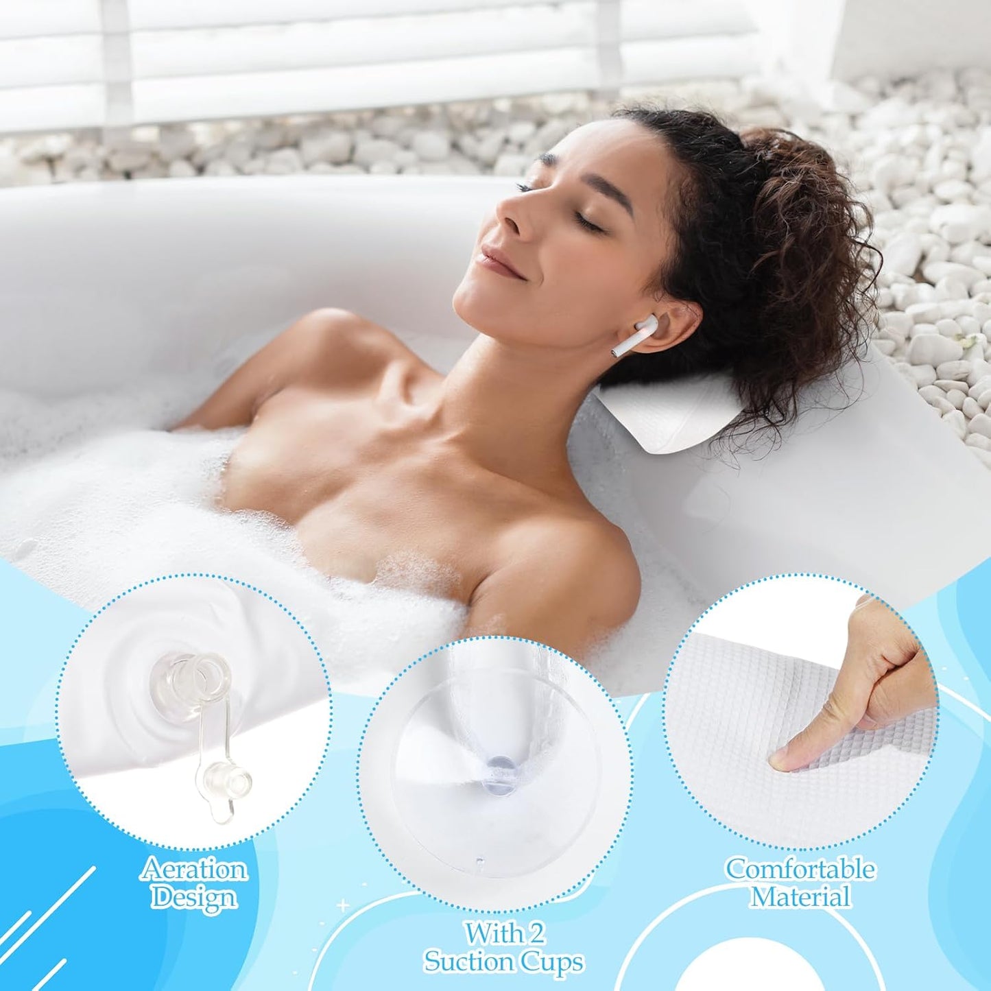 EORTA Inflatable Bathtub Pillow Anti-Slip Aerated Bath Pillow with Suction Cup Spa Bath Cushion for Head Neck Rest Relax, Home, Bathroom, White, 13.8"X7.8"
