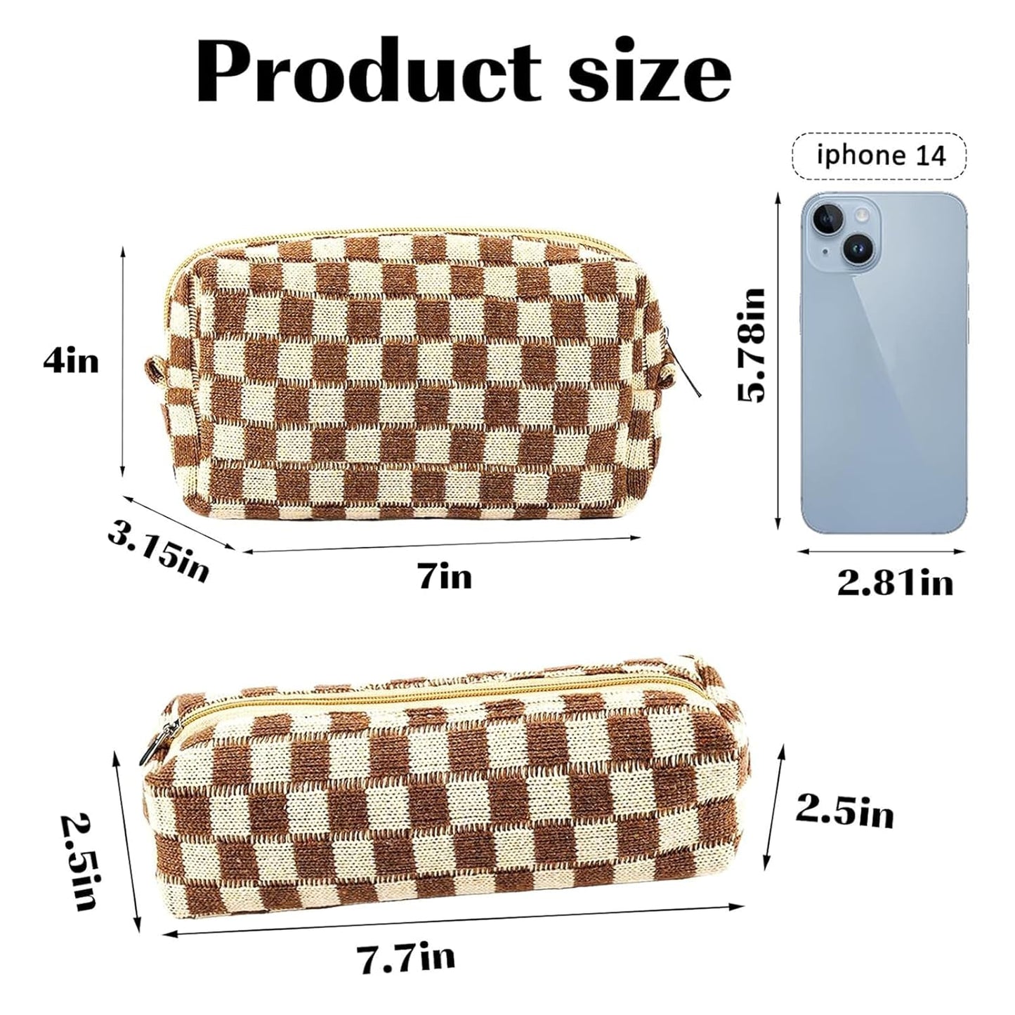 2Pcs Checkered Pencil Case Cute Pencil Pouch for Teens Checkered Makeup Bag Travel Cosmetic Bag Set Cute Makeup Pouch for Purse Portable Zippered Skincare Bags Preppy Toiletry Bags Organizer(Brown)