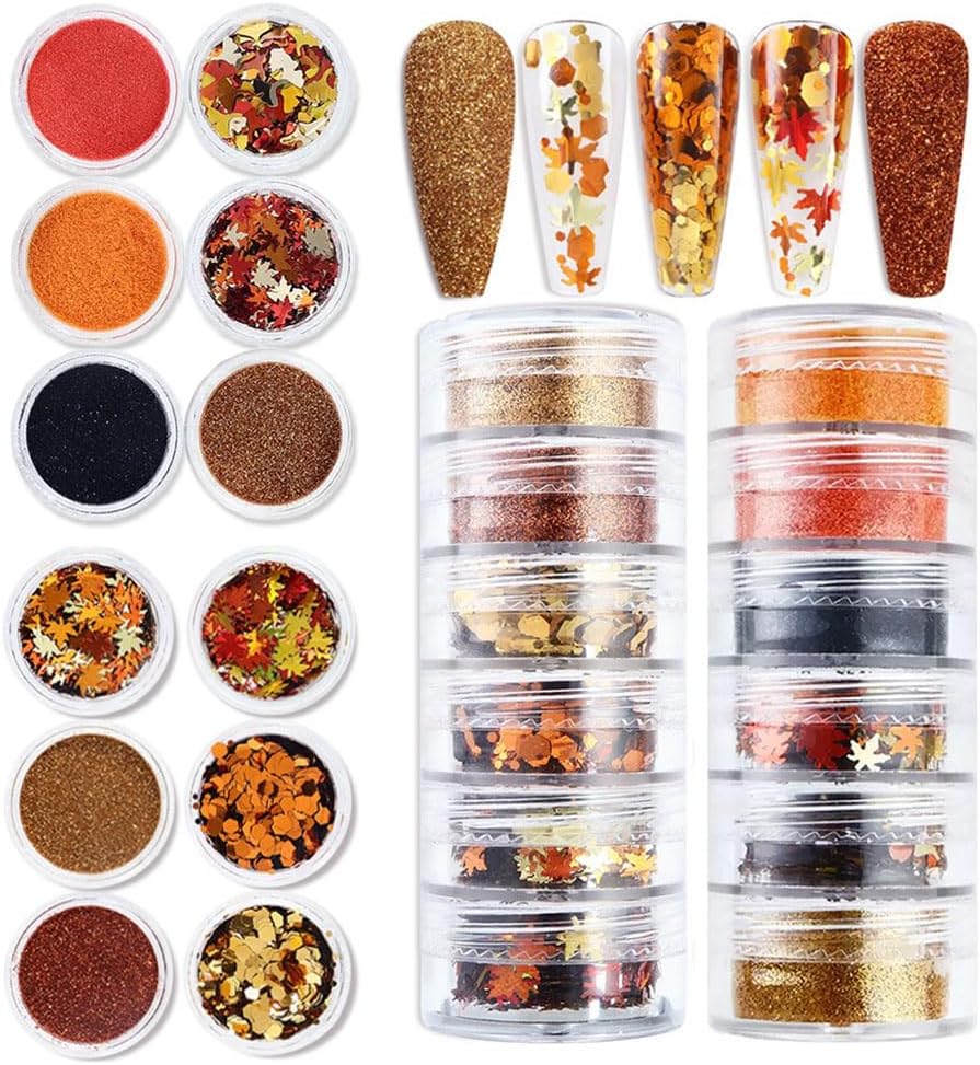 12 Grids Fall Maple Leaf Nail Sequins Thanksgiving Nail Art Stickers 3D Maple Leaves Nail Glitter Powder Autumn Glitter Flakes Red and Yellow Nail Glitter Nail Art Supplies for Acrylic Nails