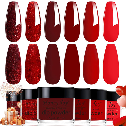 Dip Powder Set, Honey Joy 6 Colors Classic Red Collection Glitter Dipping Powder Set Nail Art Manicure DIY Salon Home Gifts for Women, No Need Nail Lamp Cured, DP-T