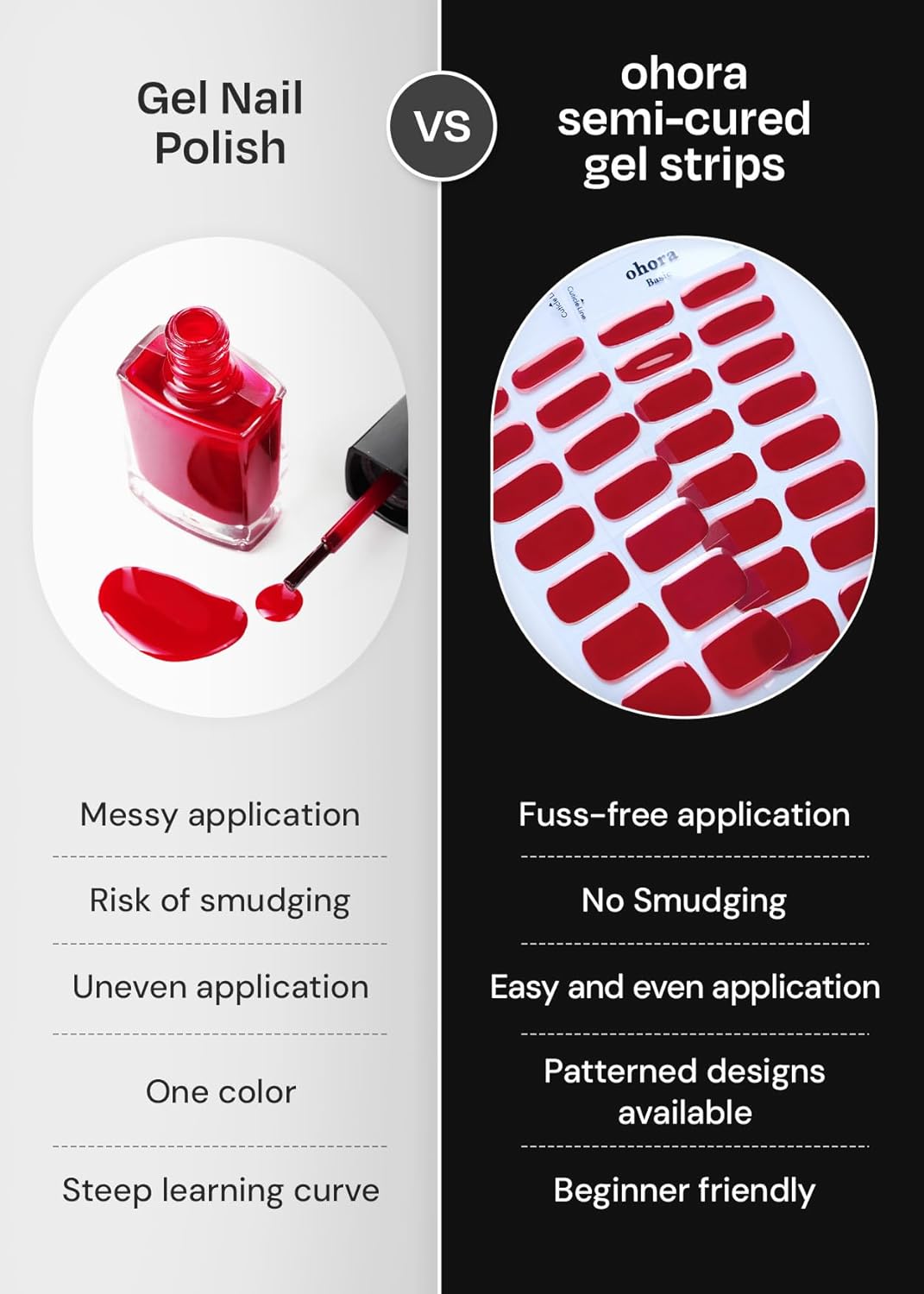 ohora Semi Cured Gel Nail Strips (N Brilliant) - Red, Patterned, Works with Any UV/LED Lamps, Salon-Quality, Long Lasting, Easy to Apply & Remove - Includes 2 Prep Pads, Nail File & Wooden Stick