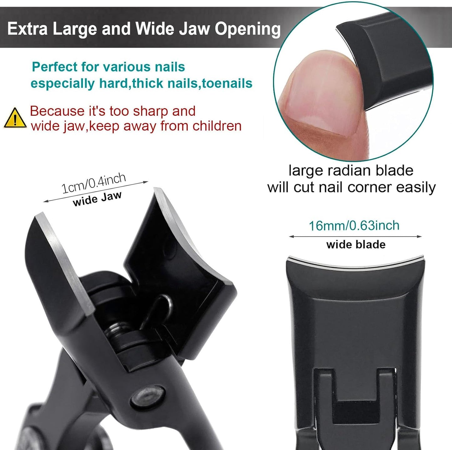 Nail Clippers for Men & Seniors Thick Toenails and Fingernail - Wide Jaw Opening Portable Ultra Sharp Finger Nail Clippers with Catcher, Heavy Duty Stainless Steel, Black Set