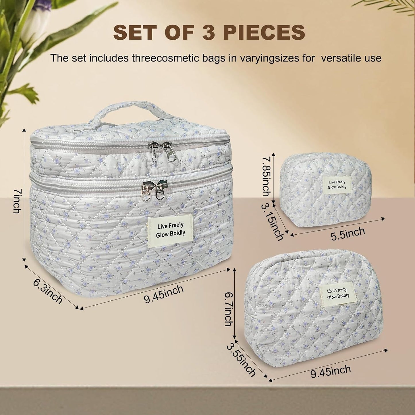 3Pcs Large Travel Quilted Makeup Bag, Double Layer Cute Floral Cotton Toiletry Bag, Aesthetic Flower Cosmetic Bag Coquette Skincare Organizer Bag for Women (77-BlueFloral)