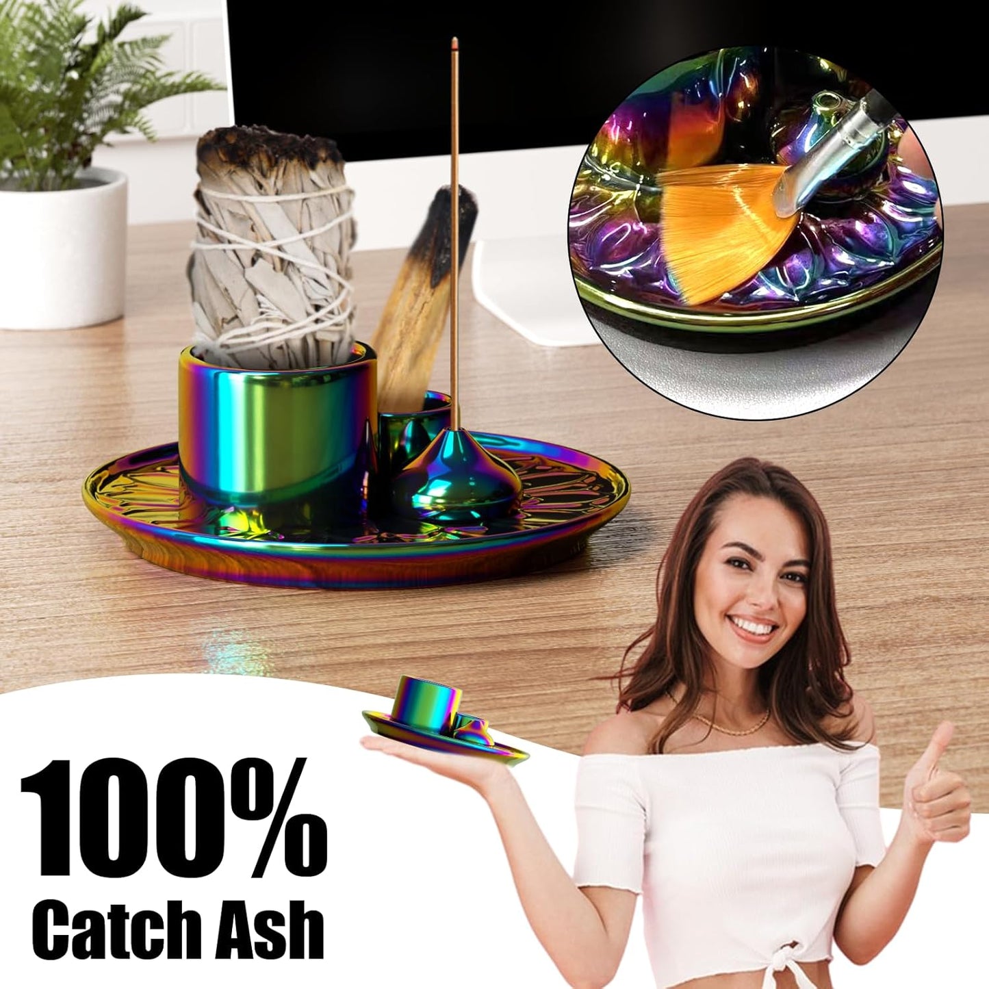 Palo Santo Holder - 4 in 1 Incense & Candle Holder - Ceramic Incense Holder Ash Catcher Tray for Meditation Room - Easy to Clean