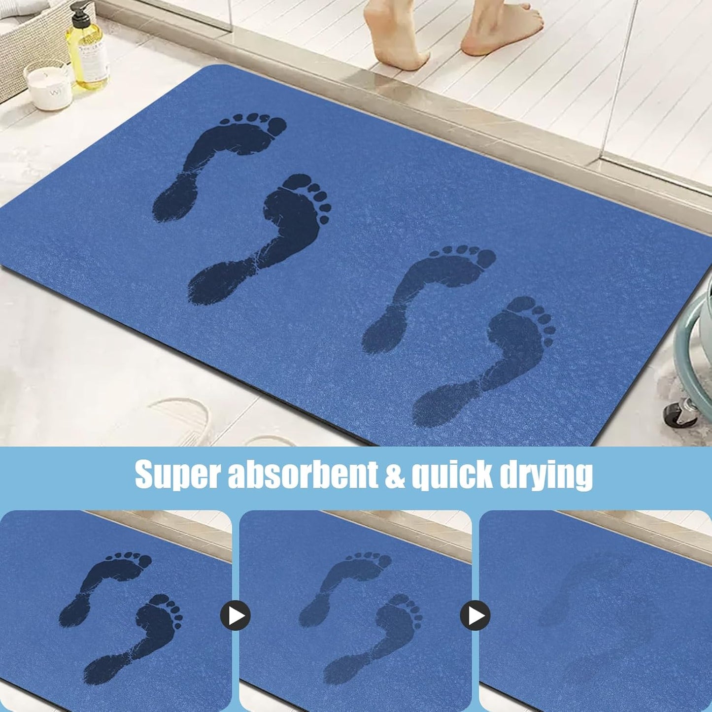 Diatomaceous Earth Bath mat Bathroom Rugs Super Absorbent Quick Dry Non Slip Bath Mat Thin Bathroom Floor Mats Fit Under Door-Shower Rug for in Front of Bathtub Shower, Blue, 15.7"x35.4"