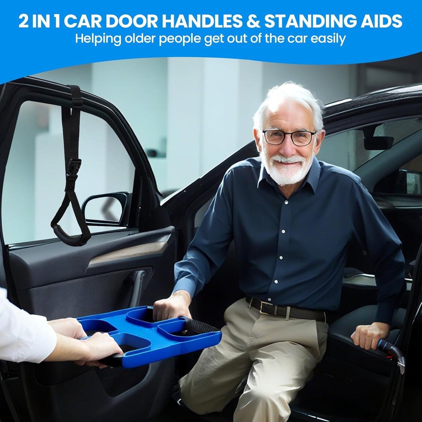 3pc Elderly Mobility Independence Assist Kit: Portable Lift Standing Aid, Car Door Assist Handle for Elderly & Adjustable Handrail Strap for Seniors, Disabled, Handicap & Pregnant to Convenient Travel