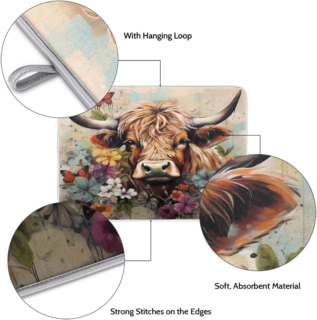 Dish Drying Mat Highland Cow Graffiti Floral Western Farm Large Drying Mat for Kitchen Counter 18x24in Absorbent Dish Drainer Rack Pad, Heat Resistant Coffee Bar Mats Countertop Protector