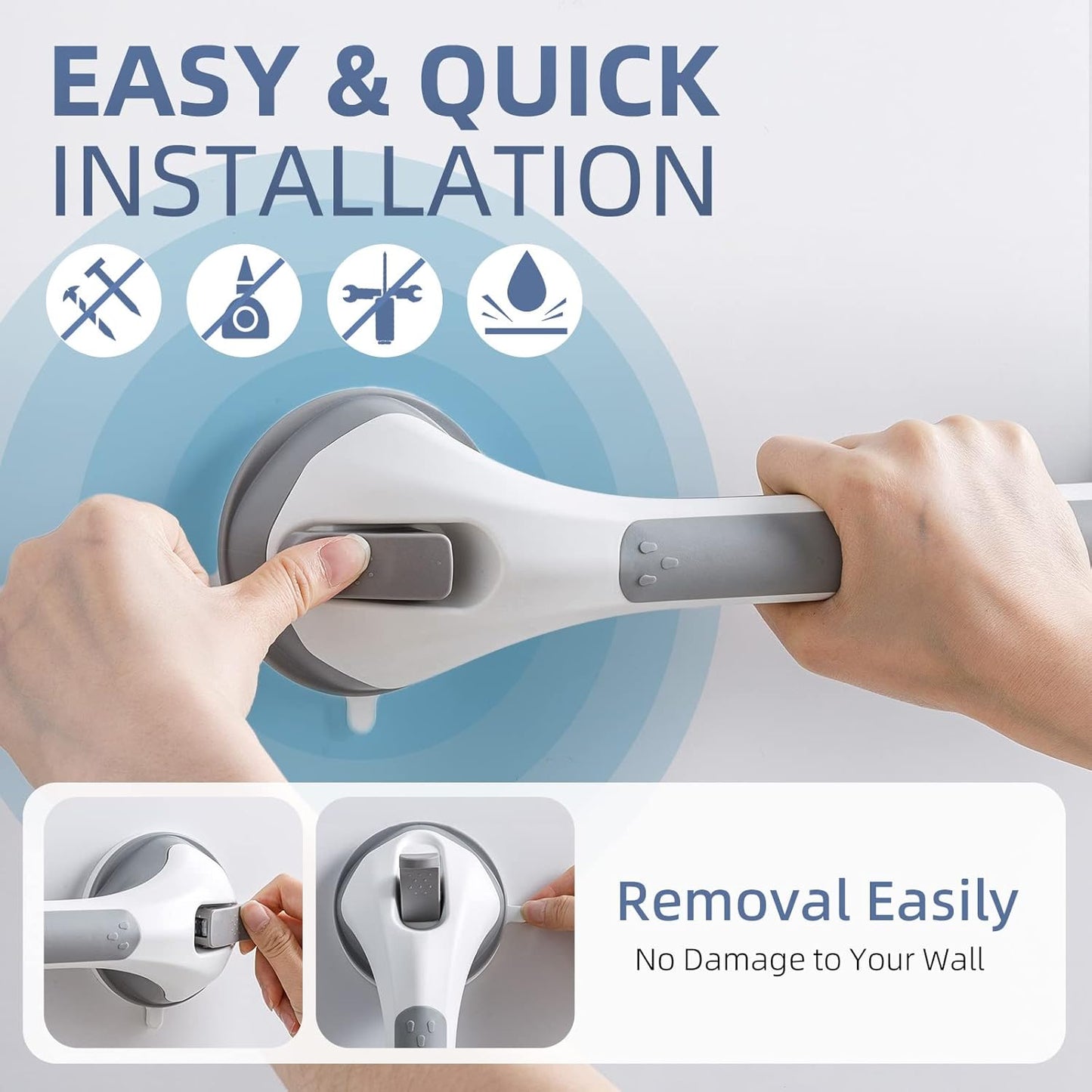 Grab Bars for Bathtubs and Showers 2 Pack Shower Handle, Heavy Duty Suction Grab Bar Bath Handrails for Seniors and Elderly, Bathroom Safety Grip No Drilling Waterproof Removable, Grey