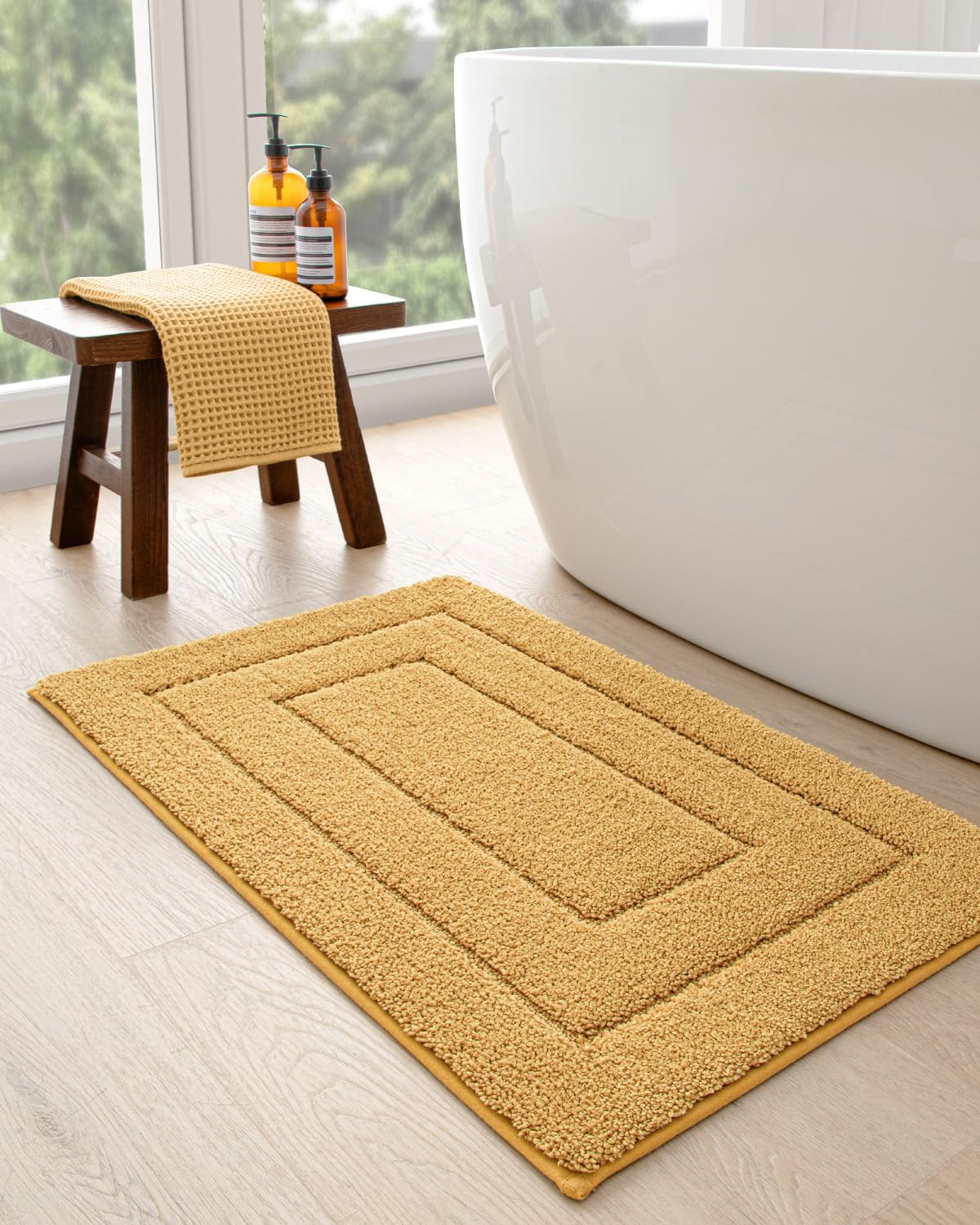 DEXI Bathroom Rug 24x16, Non Slip Washable Bath Mat for Shower Floor, Absorbent Soft Bathmat with Rubber Backing, Quick Dry Microfiber Carpet, Yellow