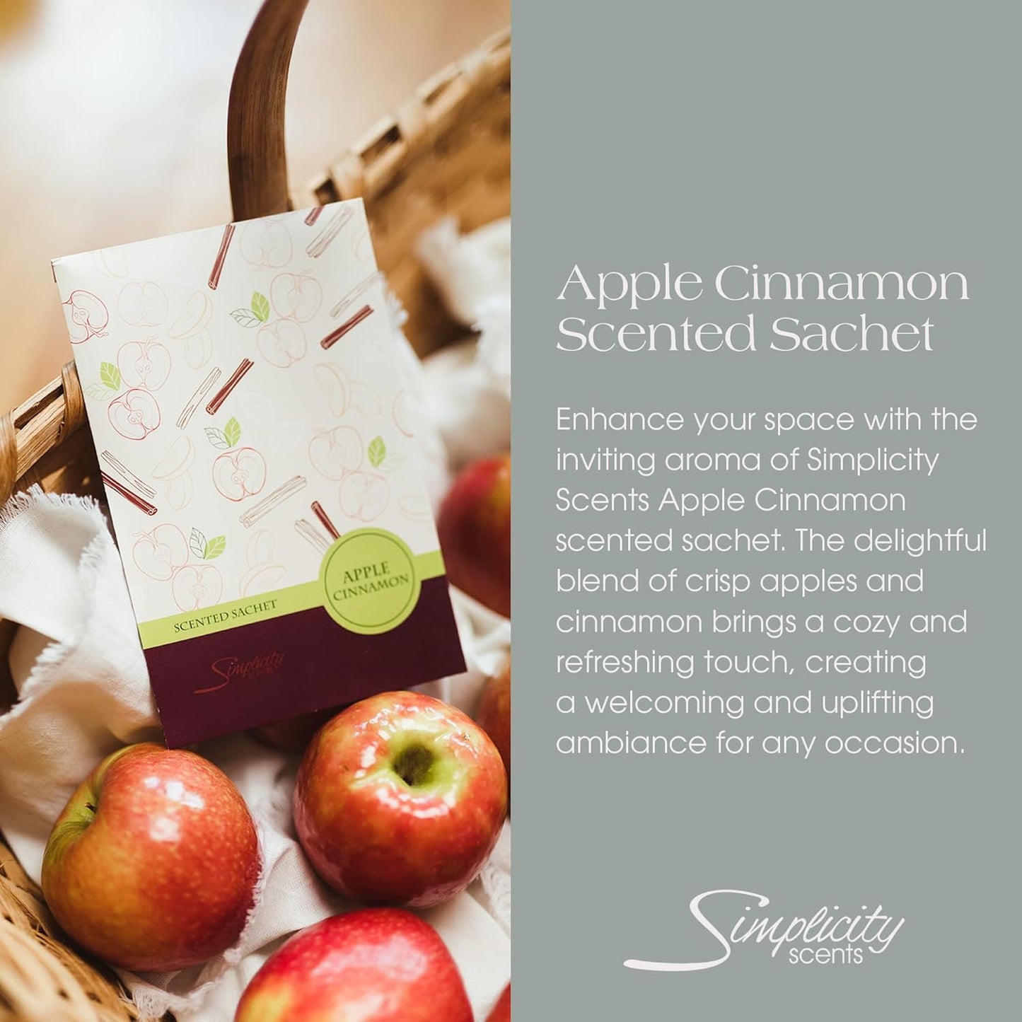 Simplicity Scents Apple Cinnamon Scented Sachets Pack of 3, Fall & Winter - Long-Lasting Scented Bags, Home Fragrance, Air Freshener & Deodorizer for Closet, Room, Drawer, or Cars, Made in USA