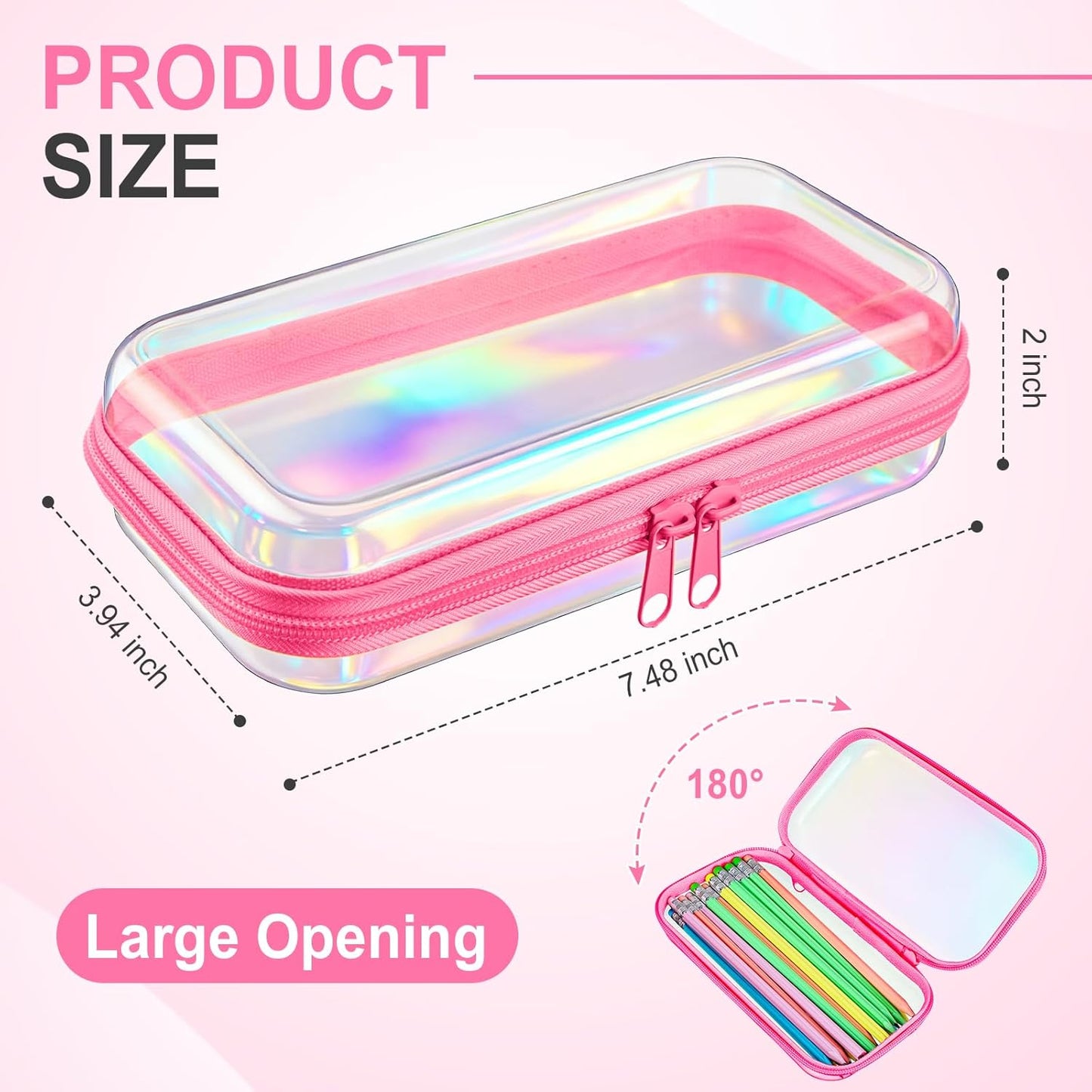 Hoolerry 4 Pcs Hard Clear Zipper Case Makeup Bags Plastic Pencil Pouch Transparent Storage Box Containers for Cosmetics, Snacks, Building Blocks, Puzzles(Pink Laser,7.5 x 3.9 x 2 in)